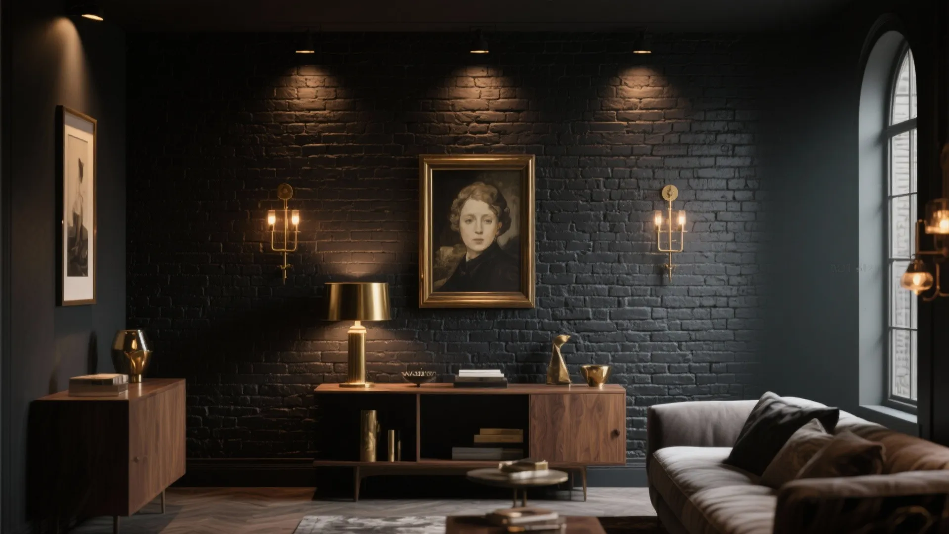 Interior with a deep charcoal painted brick wall, warm metallic accents, and layered lighting creating a luxe mood.