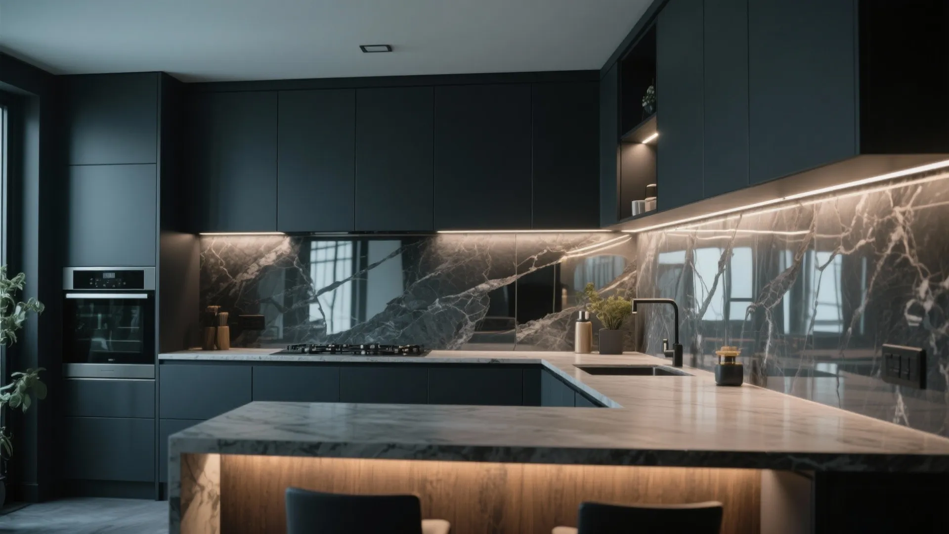 Moody dark kitchen with charcoal cabinets, marble backsplash, under cabinet lighting, and a modern island