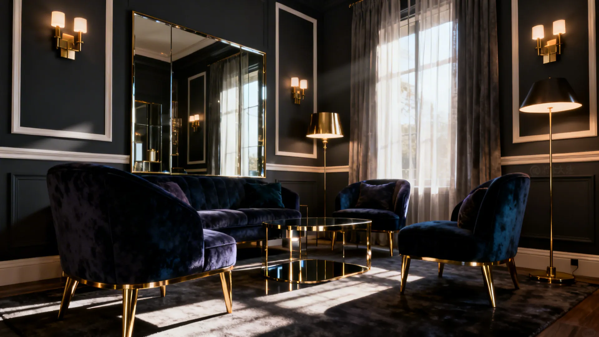 Cozy living room with charcoal walls, lighter trim, brass accents and layered lighting