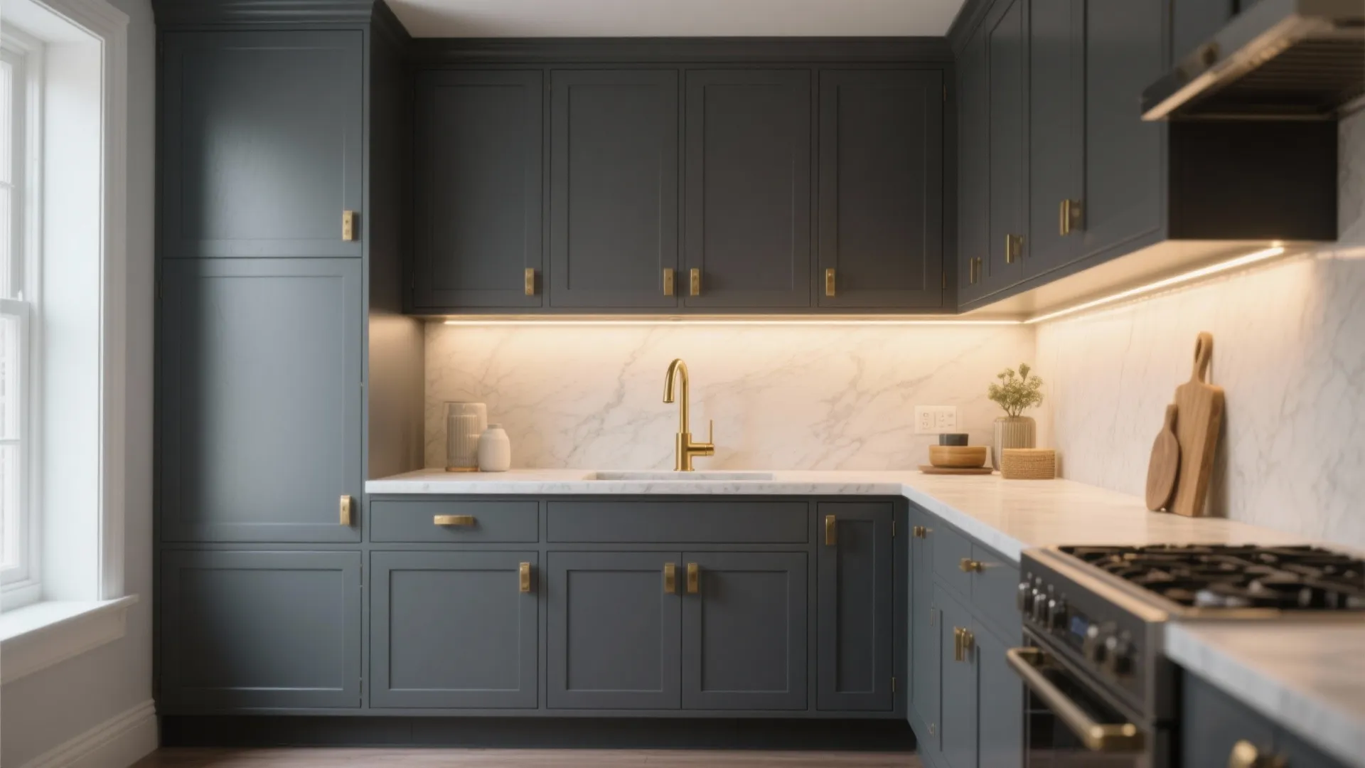 1. Moody charcoal cabinets + satin gold pulls