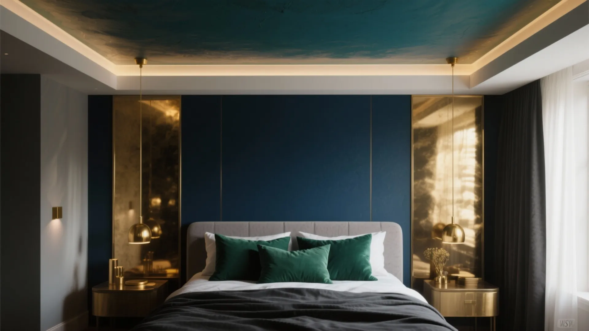 Dark blue bedroom with green pillows gold hanging lights and mirror panels on the back wall