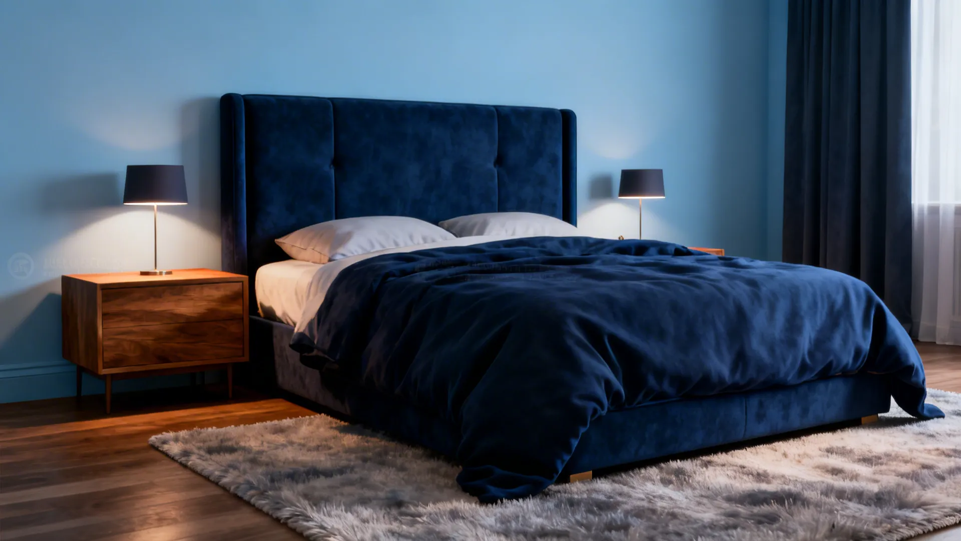 Dark blue bed with velvet headboard beside wood nightstand and table lamp on fluffy rug