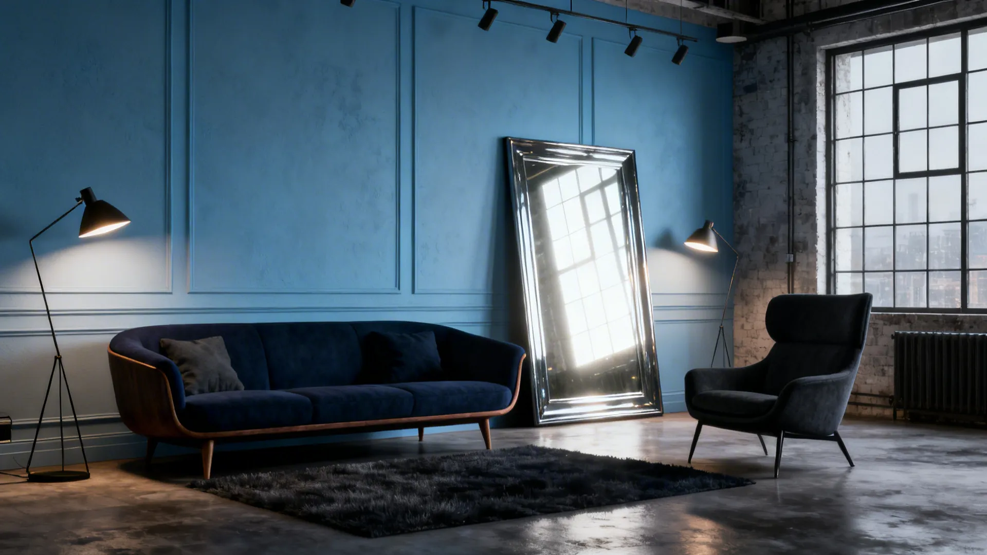 Living room with light blue walls and deep navy and charcoal accent furniture, balanced with mirrors and task lighting.