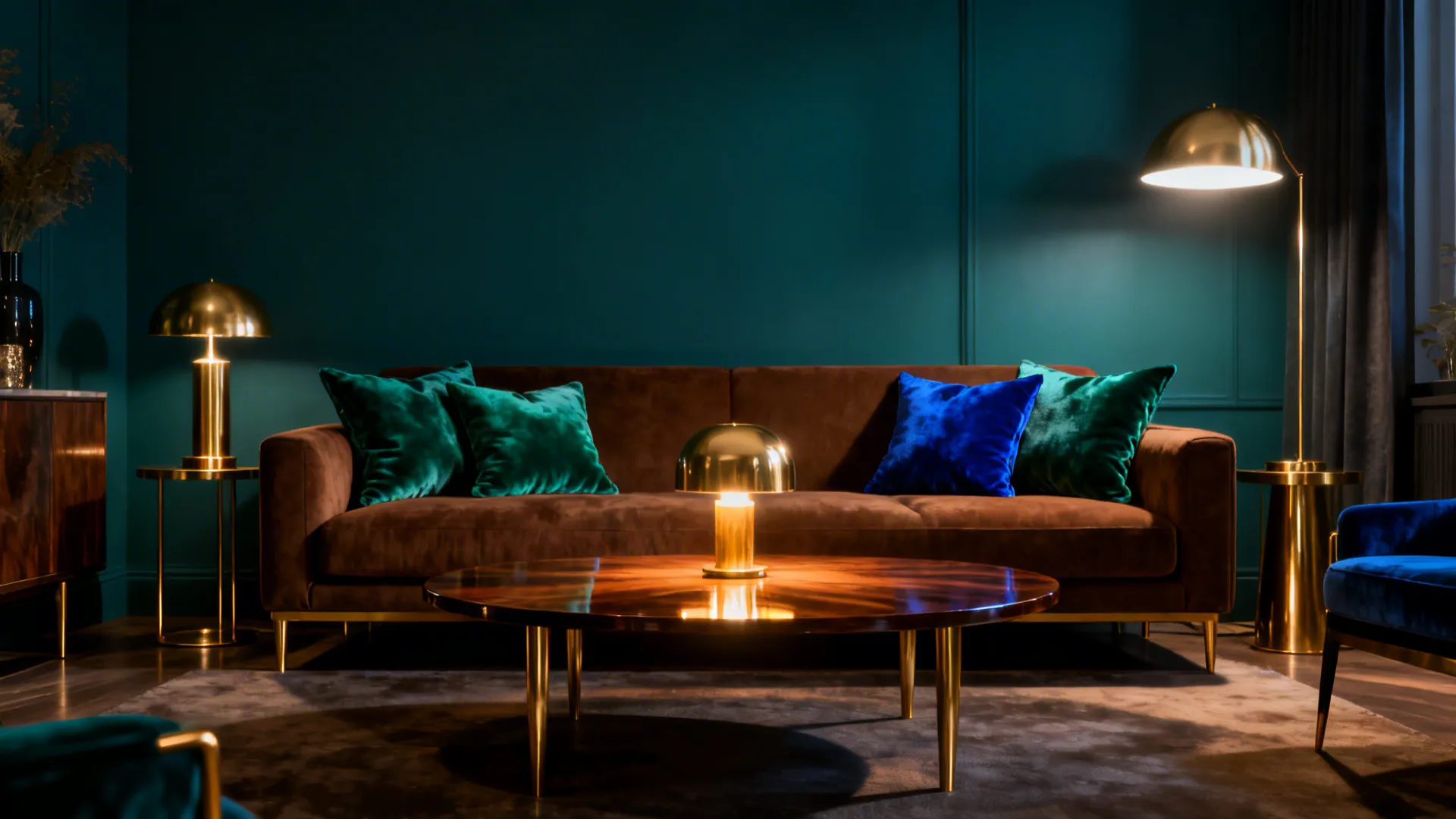 Brown couch against a deep teal wall with jewel-toned pillows and brass accents.