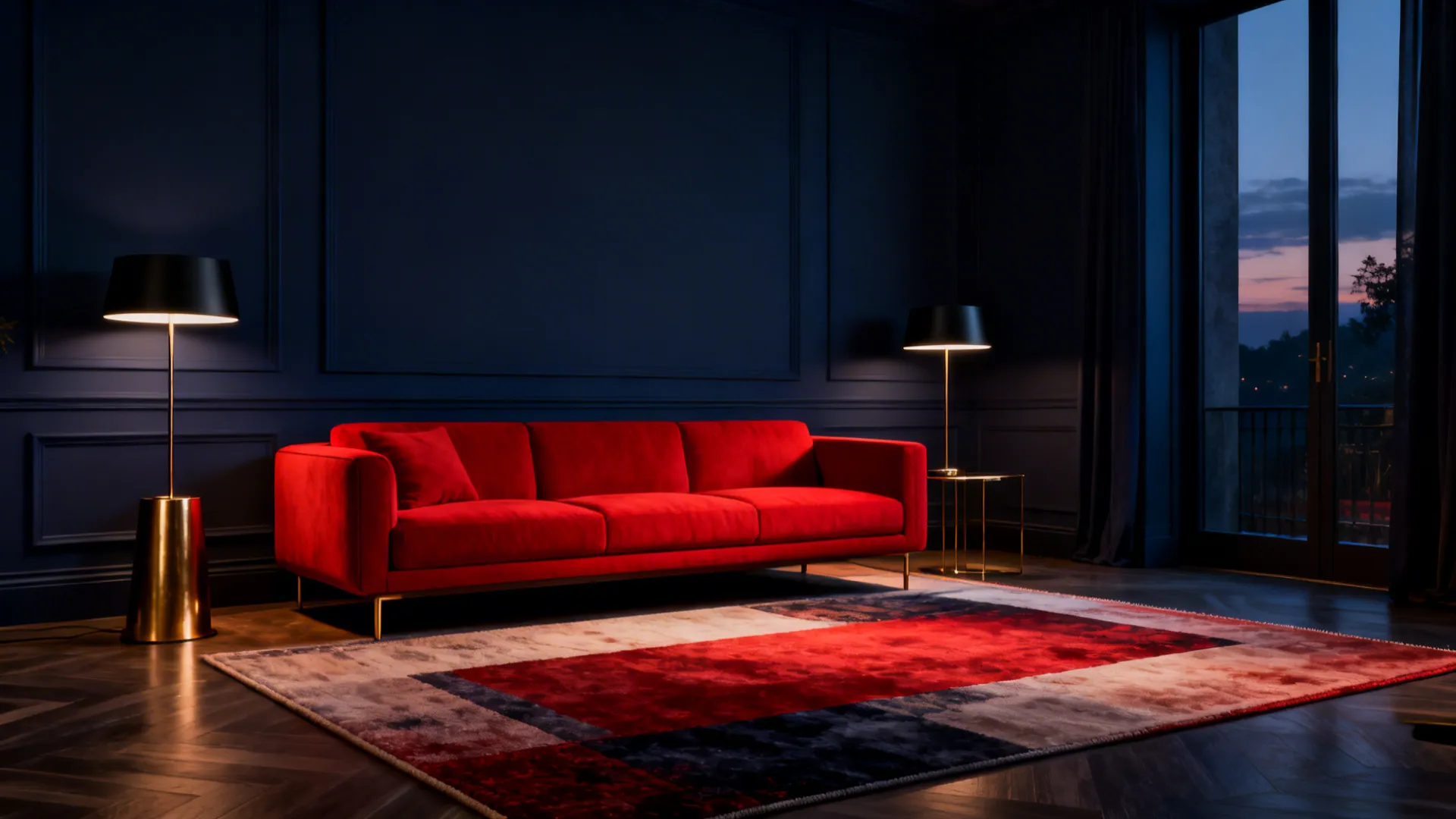 Living room with deep navy walls and a bright red sofa lit by warm accent lighting for a dramatic look.