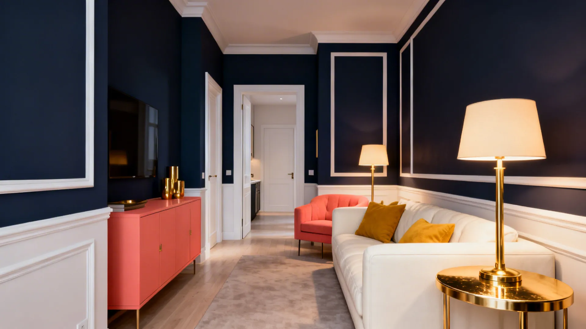 Compact living room with a deep navy accent wall, white trim and warm lighting.