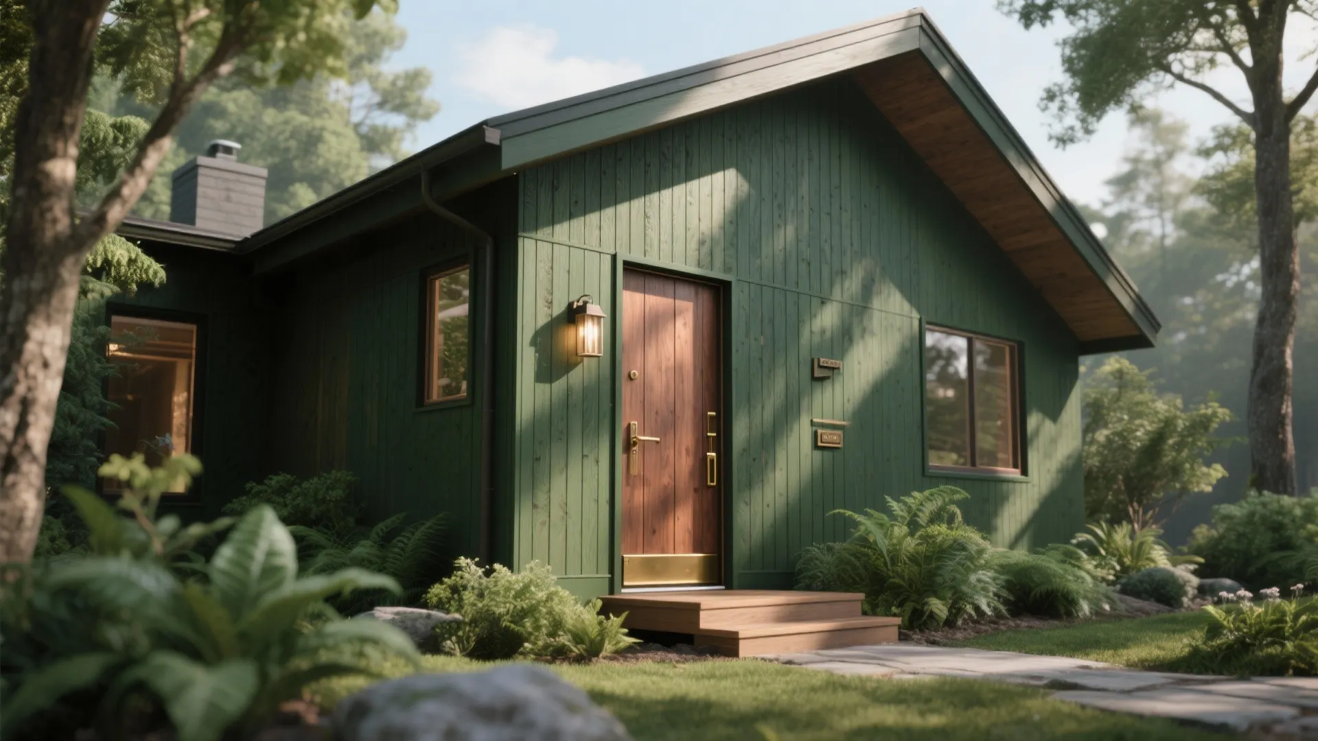 Wood-clad house painted deep earthy green with warm metal hardware and surrounding landscaping.