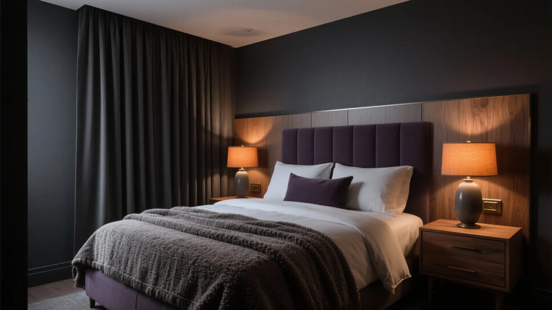 Modern dark bedroom with purple headboard wood wall panel bedside table lamps and grey curtains