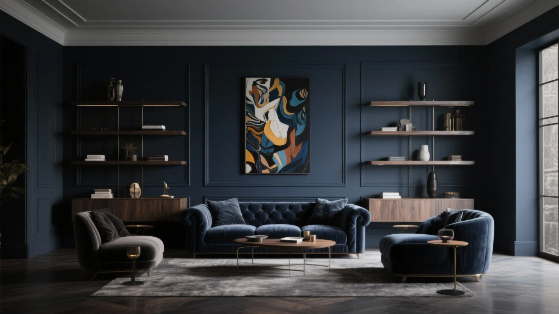 Dark blue living room with wall panel blue velvet sofa abstract painting and wooden wall shelves