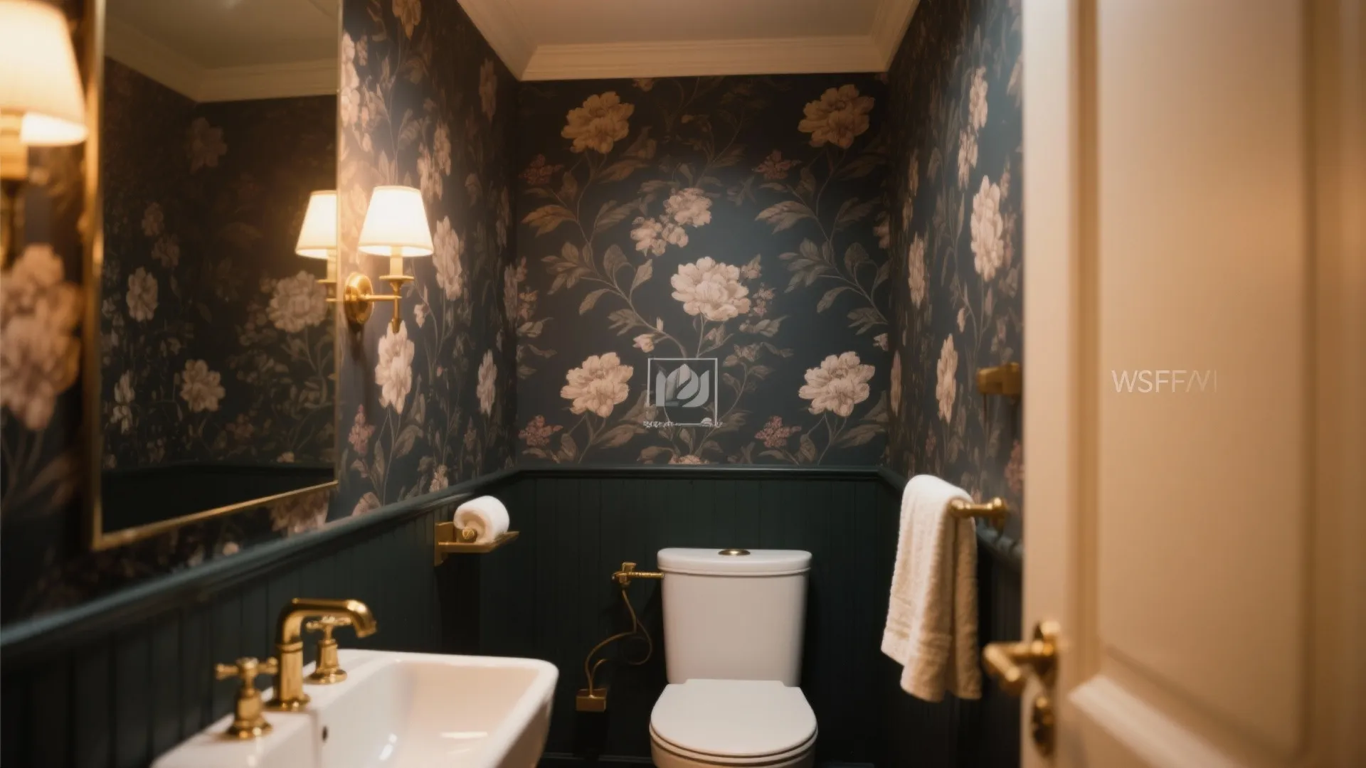 Elegant bathroom with dark floral wallpaper green wall panels white toilet and gold color light fixture