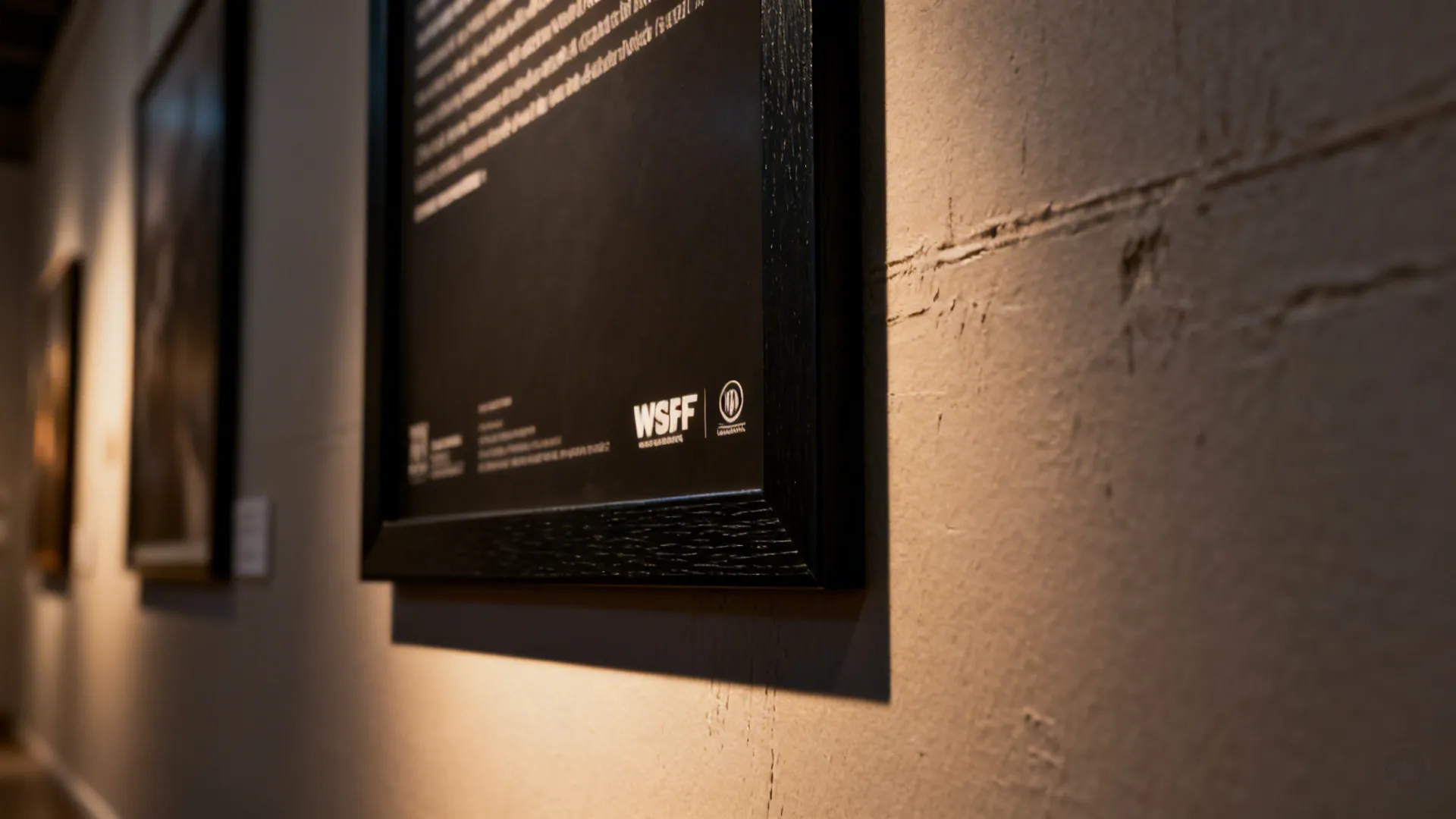 Close-up of a dark cinematic framed poster showing texture and soft lighting