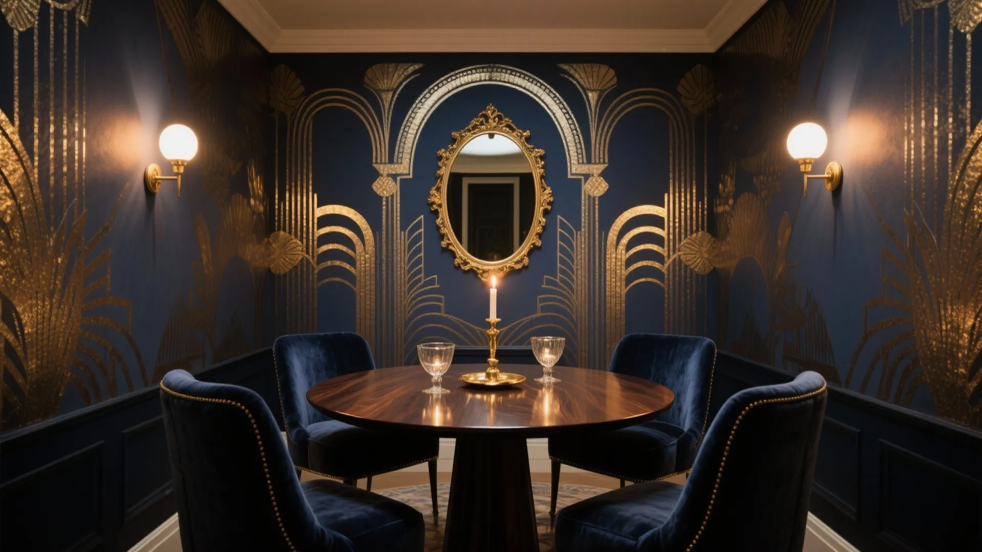 Dark blue dining room with gold wall patterns round table velvet chairs and wall lights