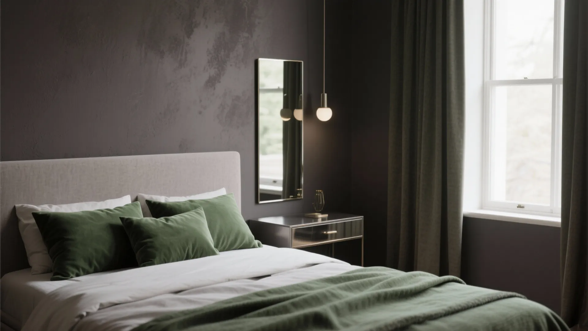Modern dark grey bedroom with green pillows white bedding metal cabinet and a tall mirror
