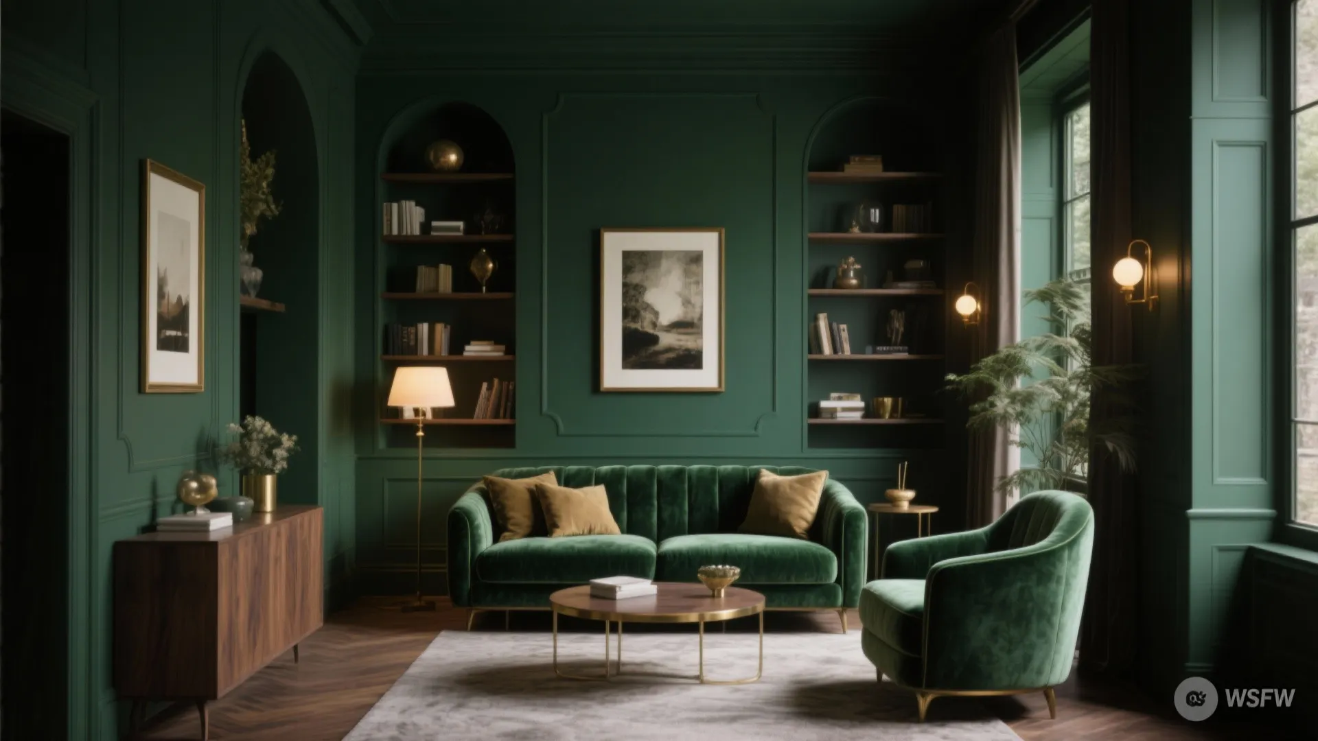 Moody green living room with velvet sofa armchair coffee table wooden cabinet and gold accents