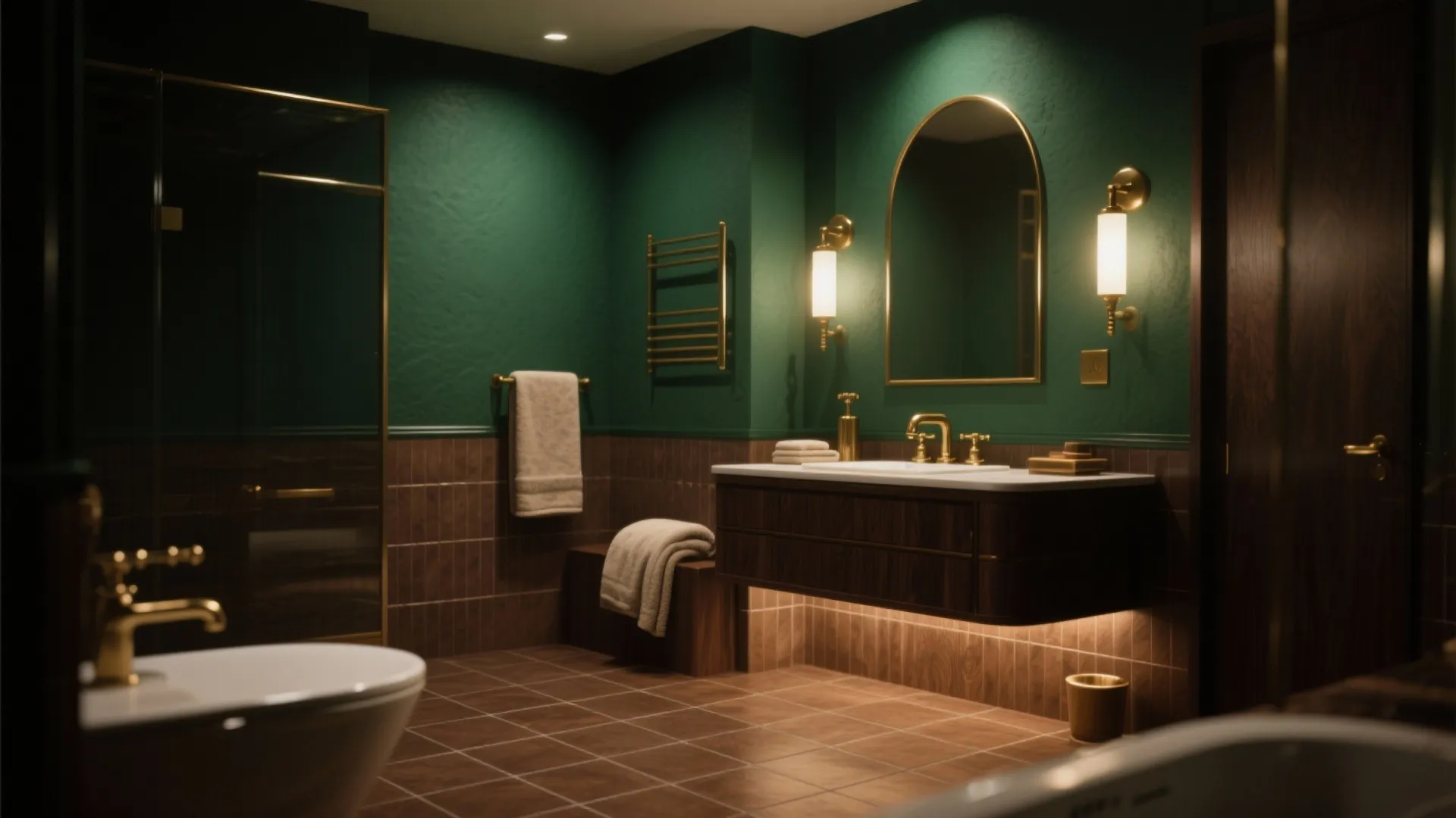 Dark green bathroom with wood wall panels gold wall light arch mirror and floating cabinet