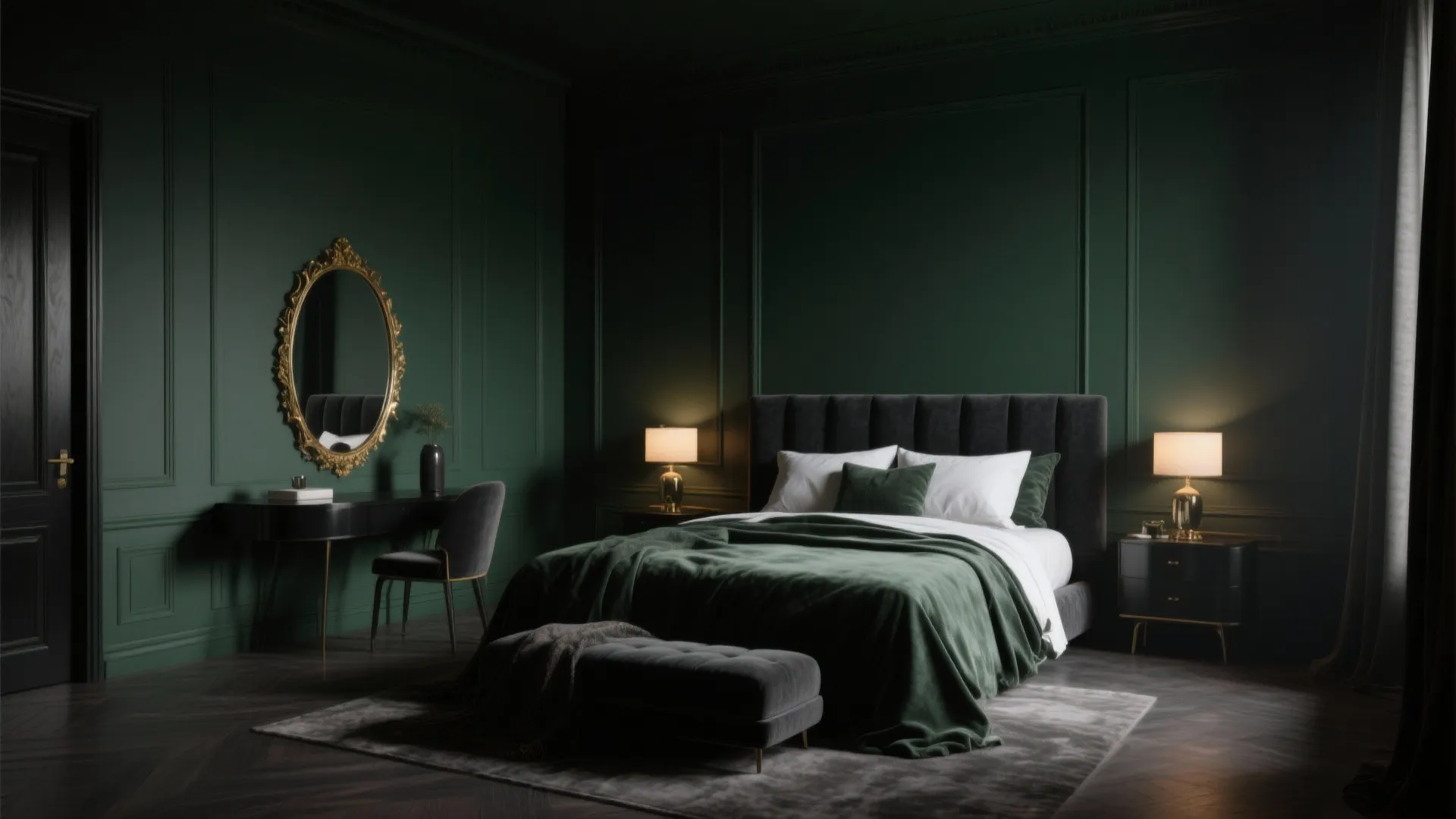 Dark green bedroom with velvet bed grey footrest black vanity table gold mirror and warm lamps