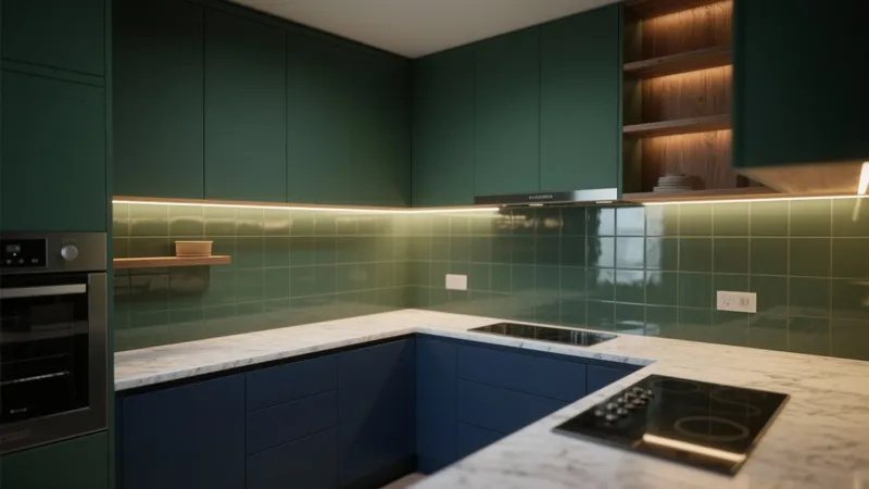 Modern Green & Blue Kitchen with Marble Countertops