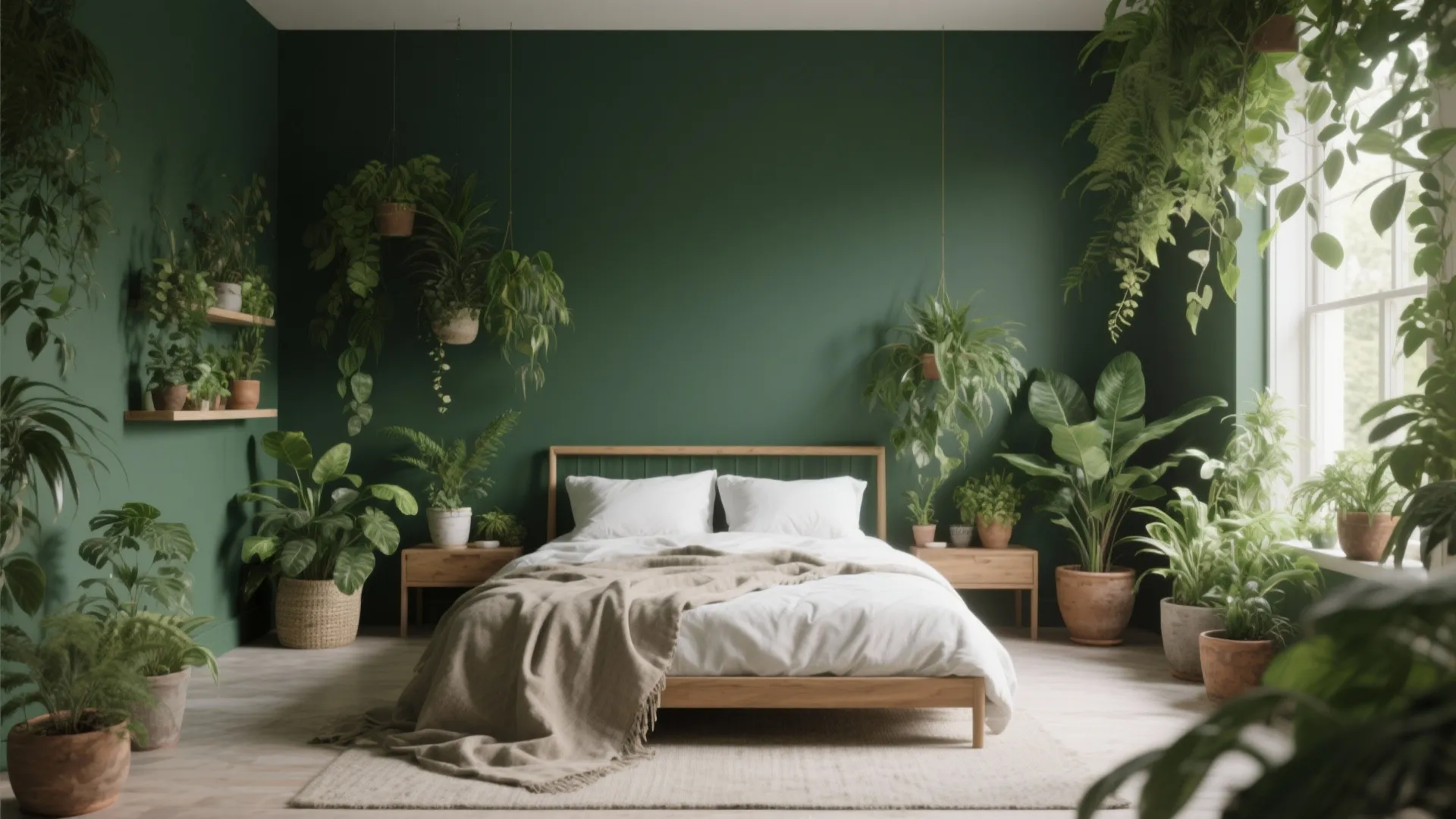 Master bedroom with a moody green accent wall and lush indoor plants