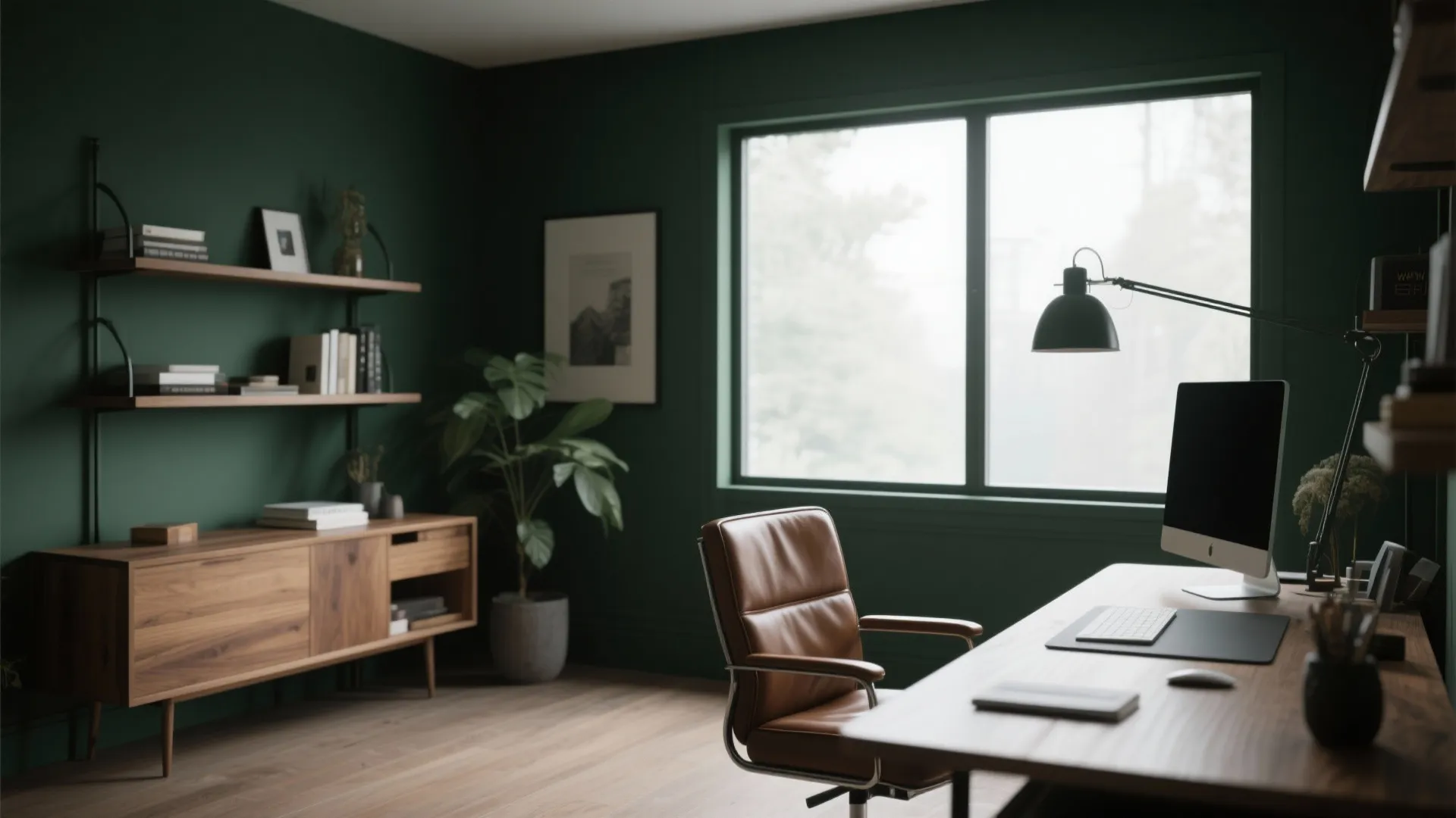 Dark green home office featuring wooden desk brown leather chair window computer plant and wooden cabinet