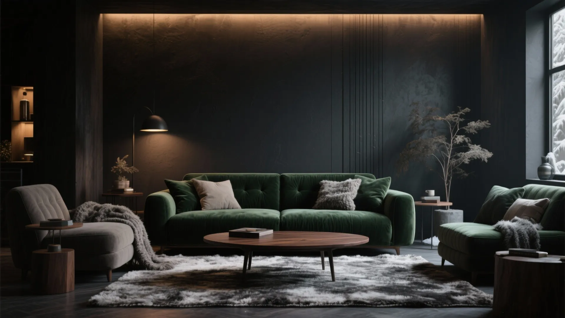 Dark living room with green velvet sofa wooden coffee table patterned rug and black walls