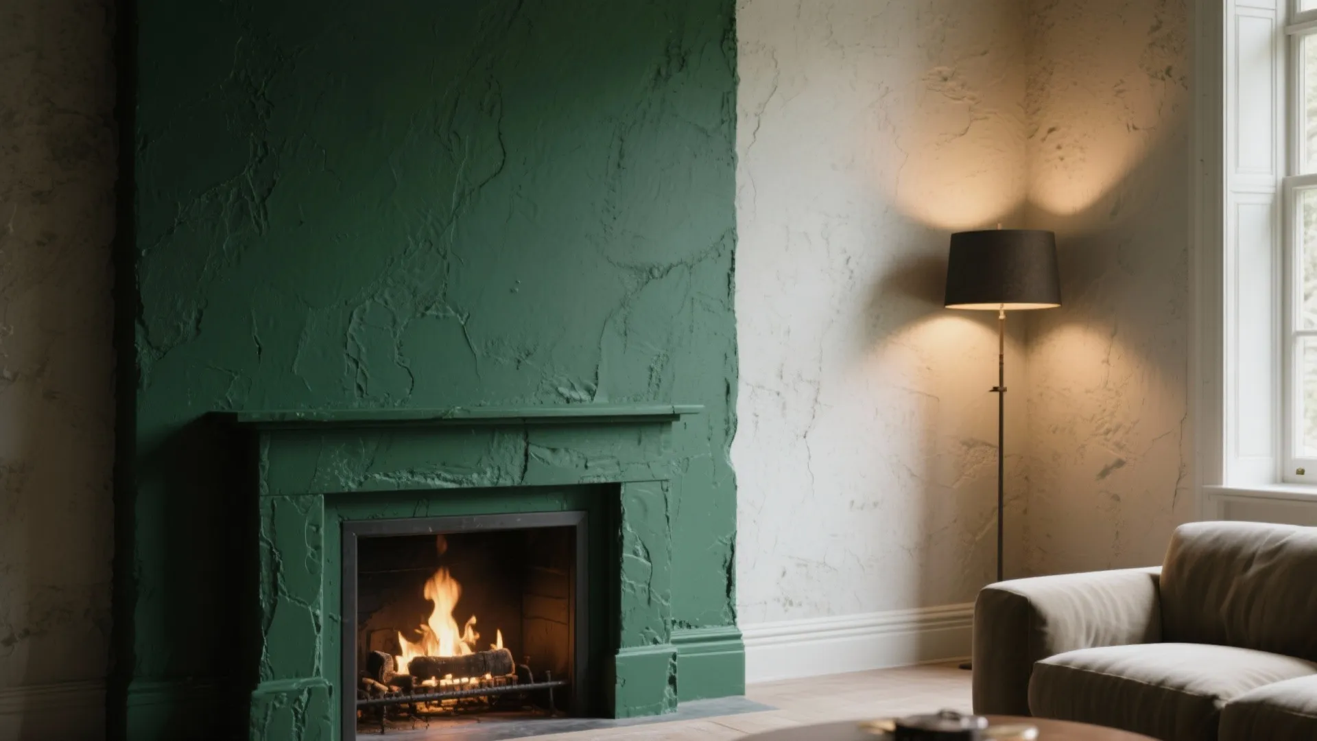 Living room with a dark green fireplace wall, floor lamp, burning fire, and comfortable sofa