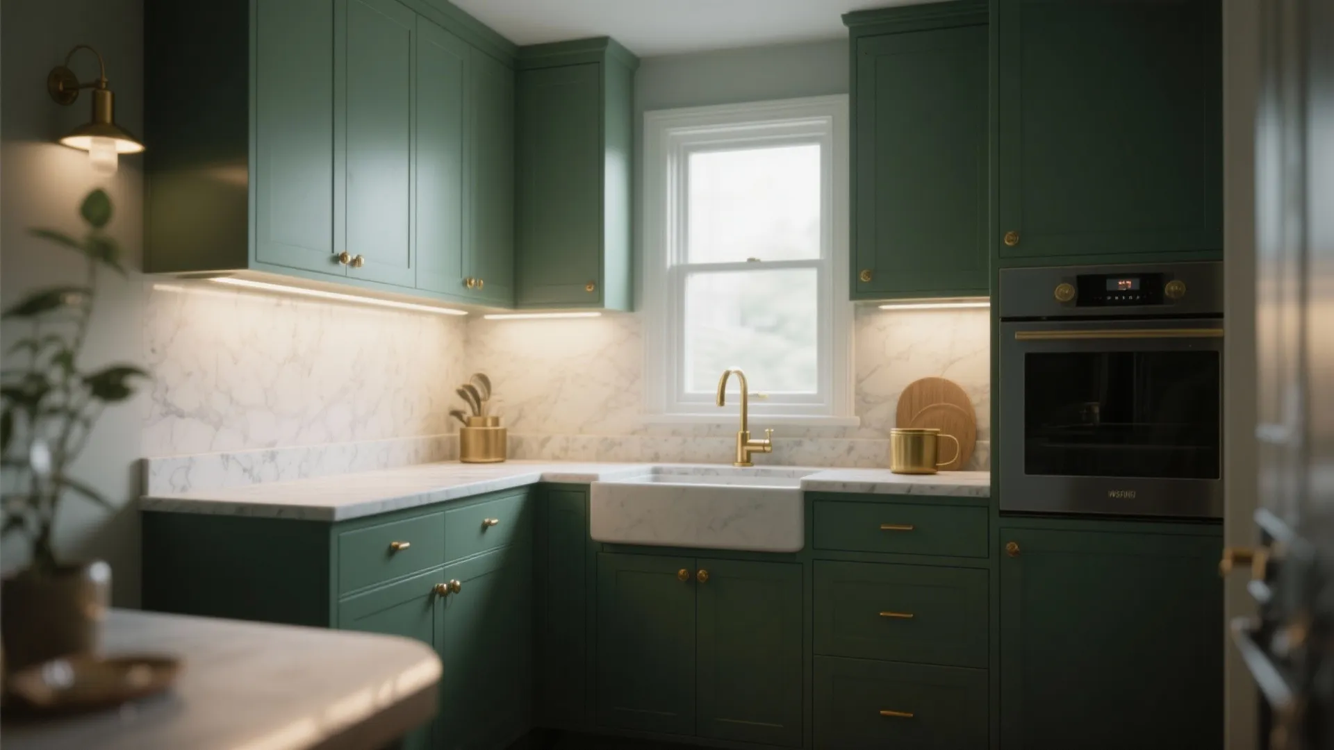 Dark green kitchen cabinets with white marble countertop gold water tap and built in wall oven
