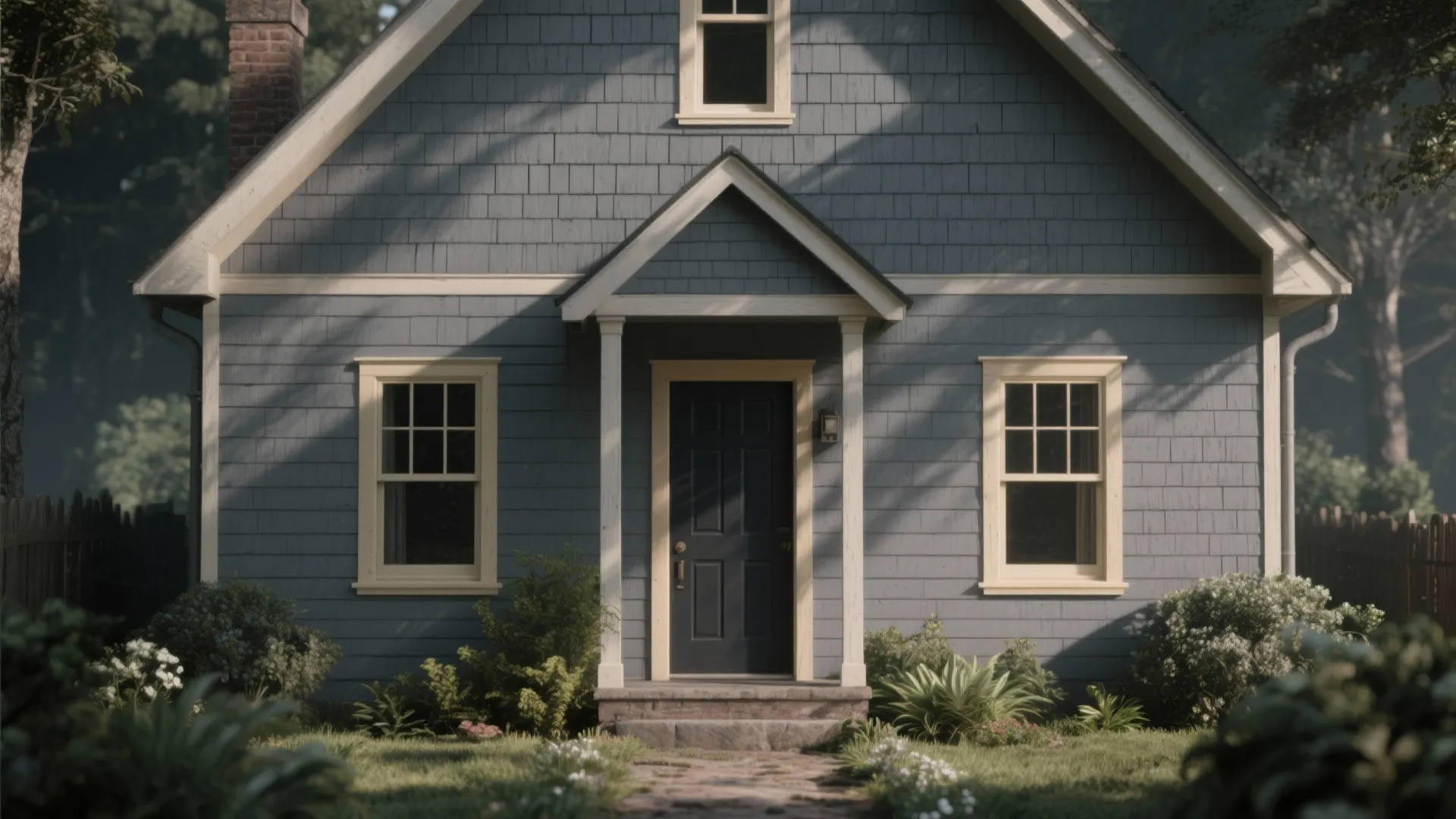 Front view of a grey wooden house with white windows, a black door, and garden
