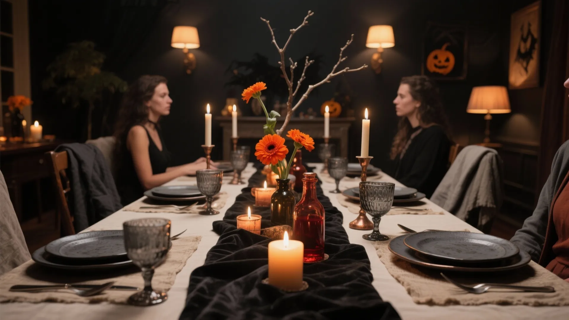 Moody Halloween dining table setting with black runner orange flowers candles wall lights and pumpkin art