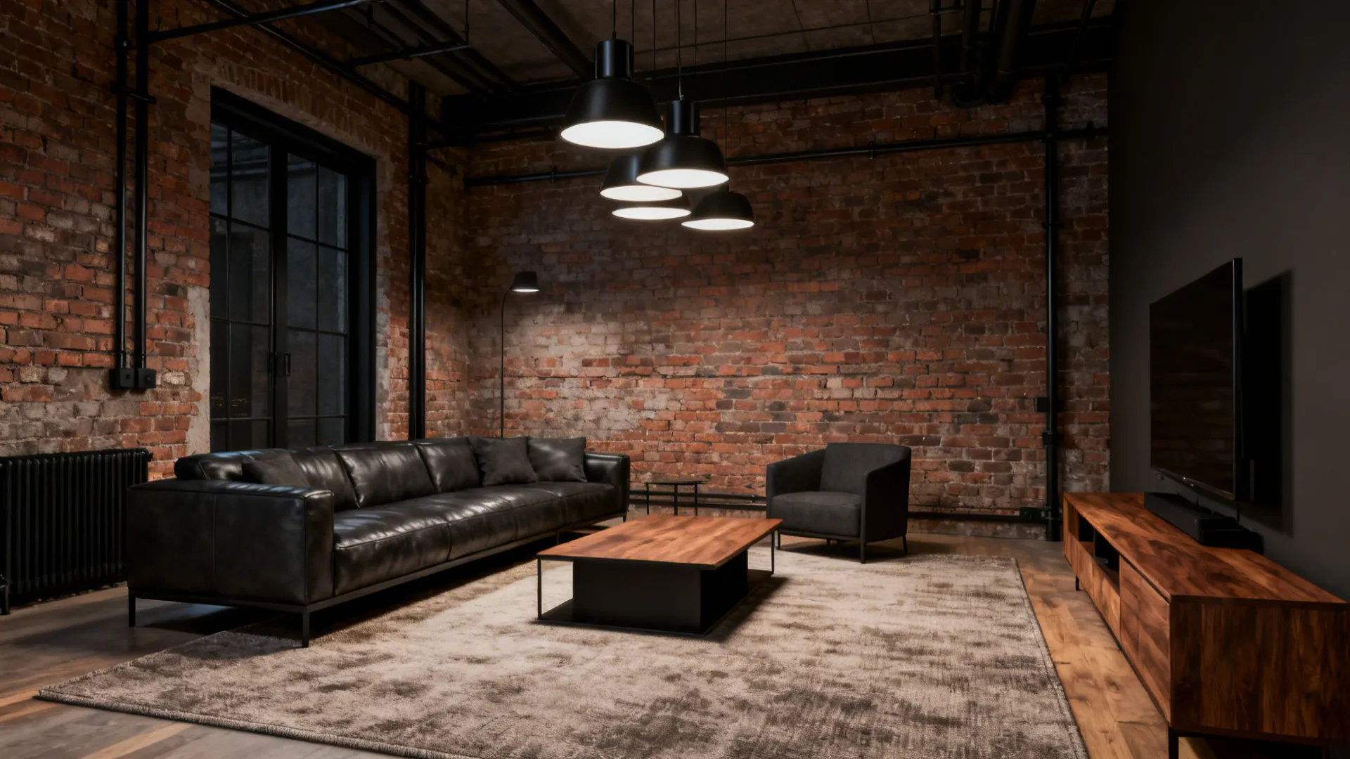 Moody industrial minimal living room with exposed brick, charcoal leather sofa, and warm wood accents.