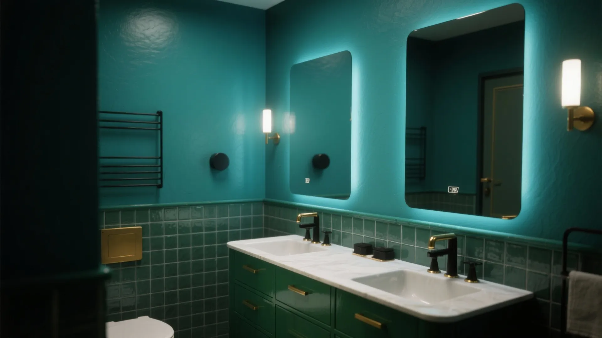 Compact bathroom with a deep teal accent wall and brass hardware for a luxe, cozy look.