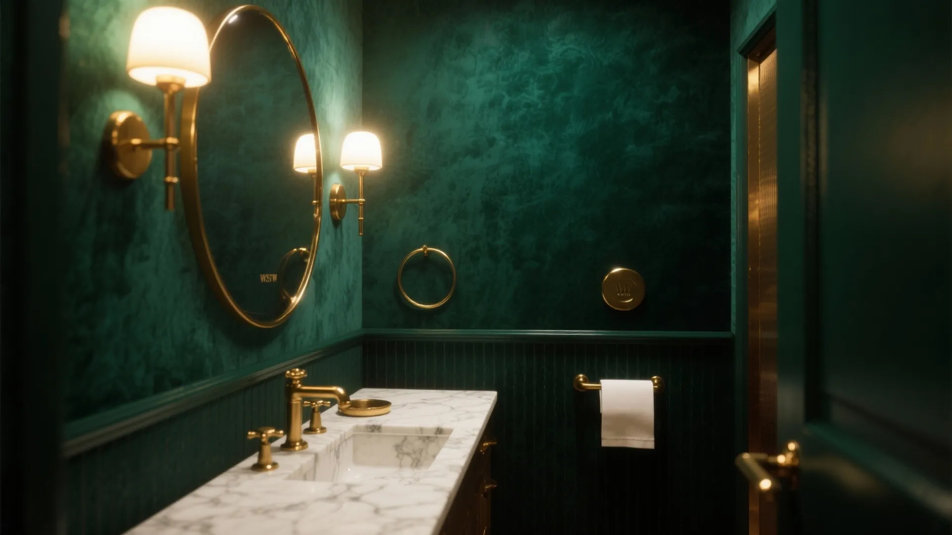 3. Moody Jewel Tones with Bright Fixtures