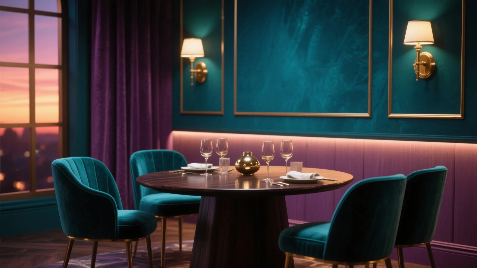 Intimate dining with a jewel-tone accent wall, brass sconces, dark wood table and velvet chairs.