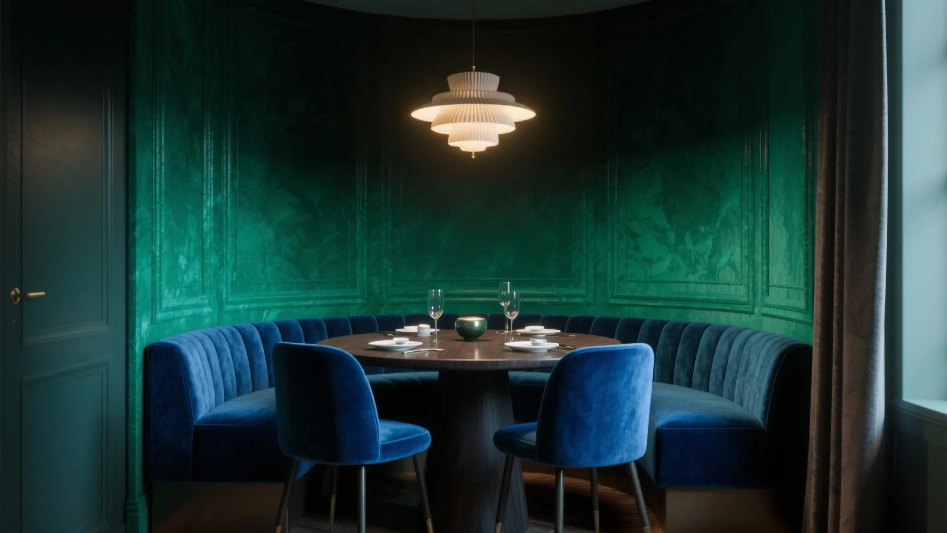 Green room with wall panels blue velvet sofa round wooden table and bright ceiling light