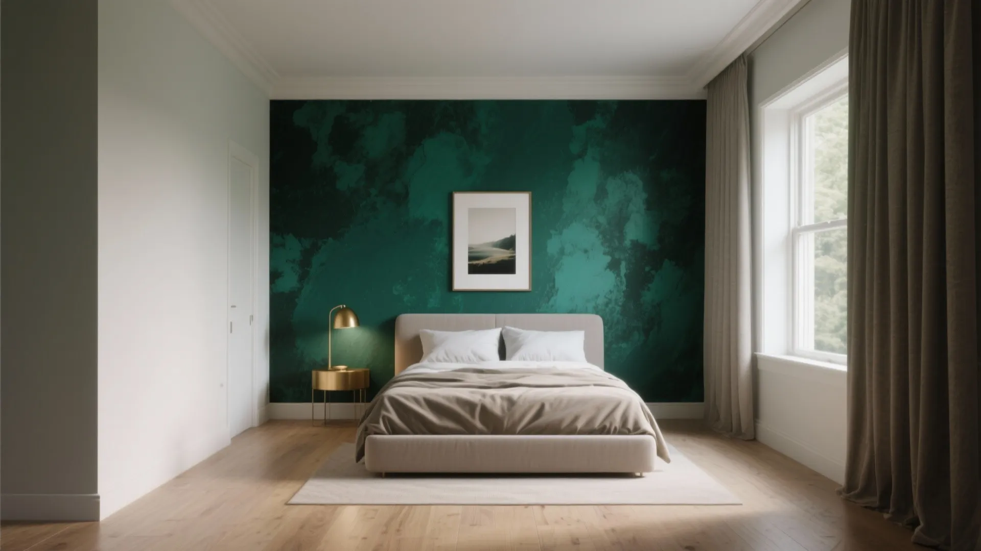 Small bedroom with a deep emerald accent wall behind a bed, light wood floor and neutral decor.