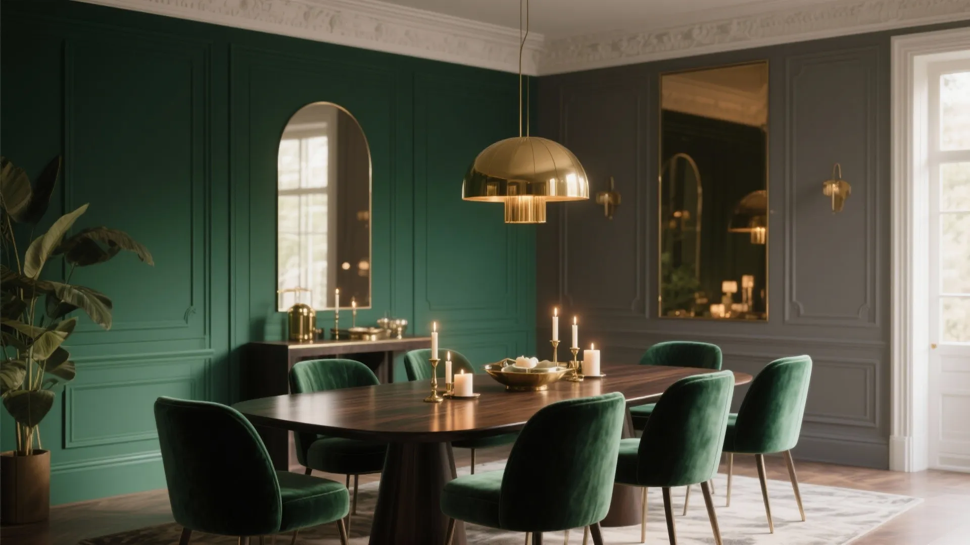 Elegant dining room with green wall panels gold ceiling light dark wood table and chairs