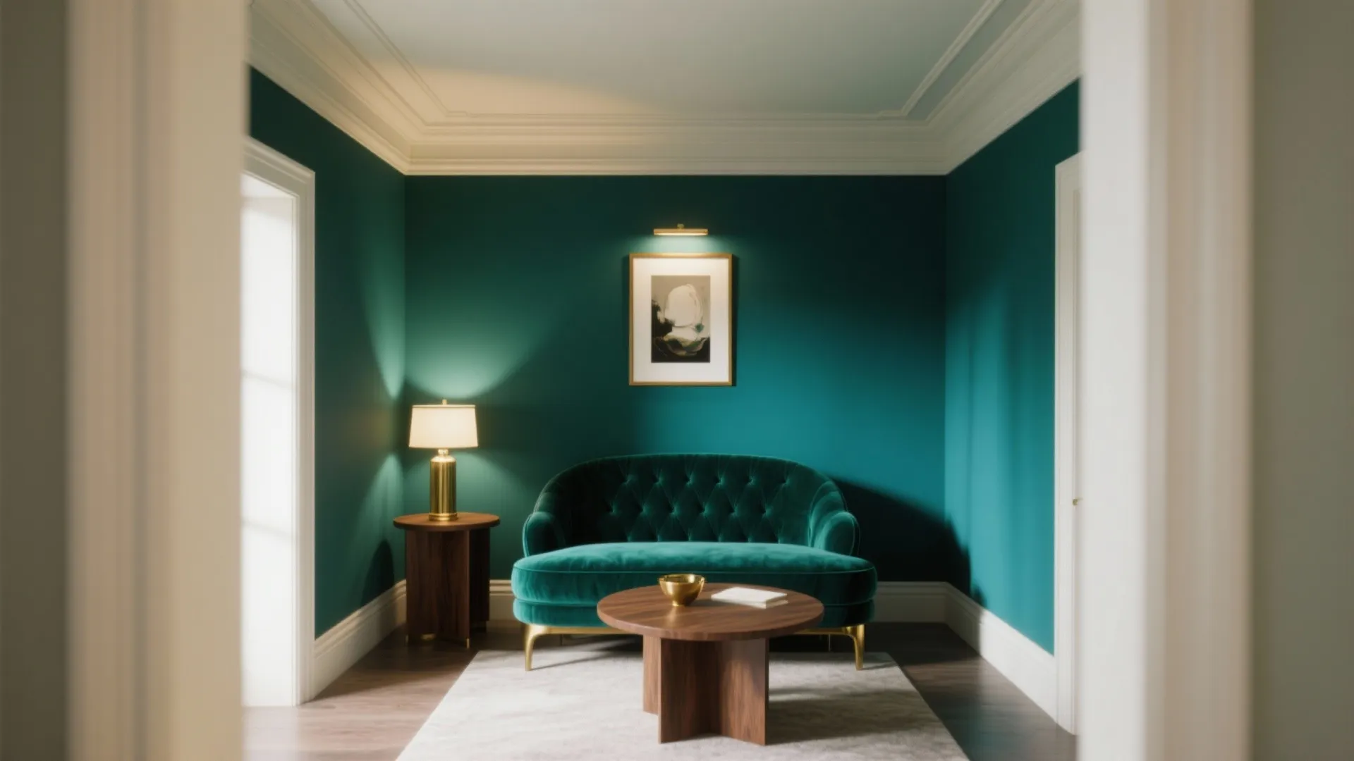 Elegant dark green living room with velvet sofa round wood table and warm wall light