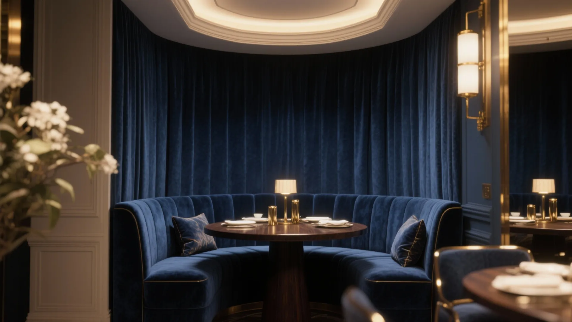Intimate dining nook with deep navy walls, brass accents, dark wood table and a lighter ceiling for contrast.