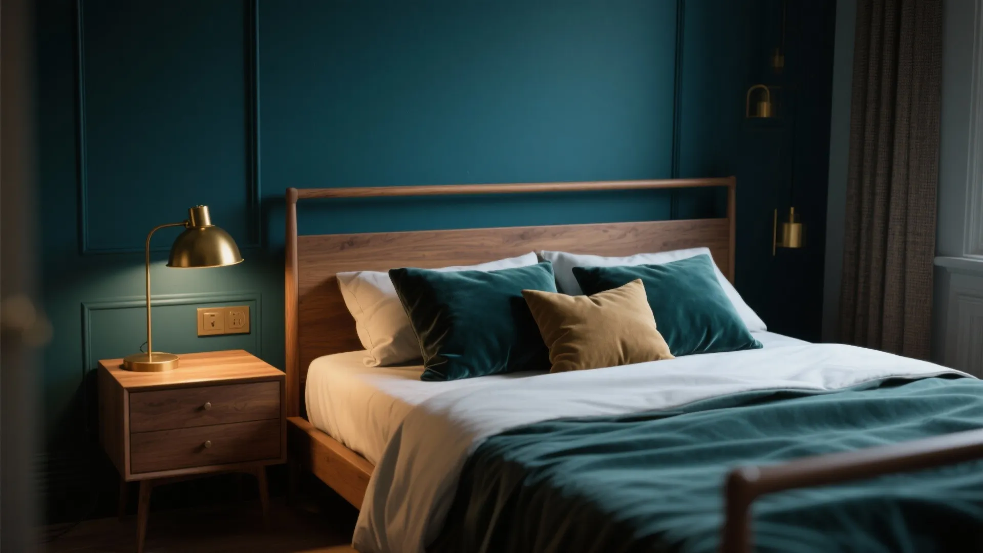 Elegant bedroom with dark teal wall panel wooden bed gold table lamp and velvet green pillows