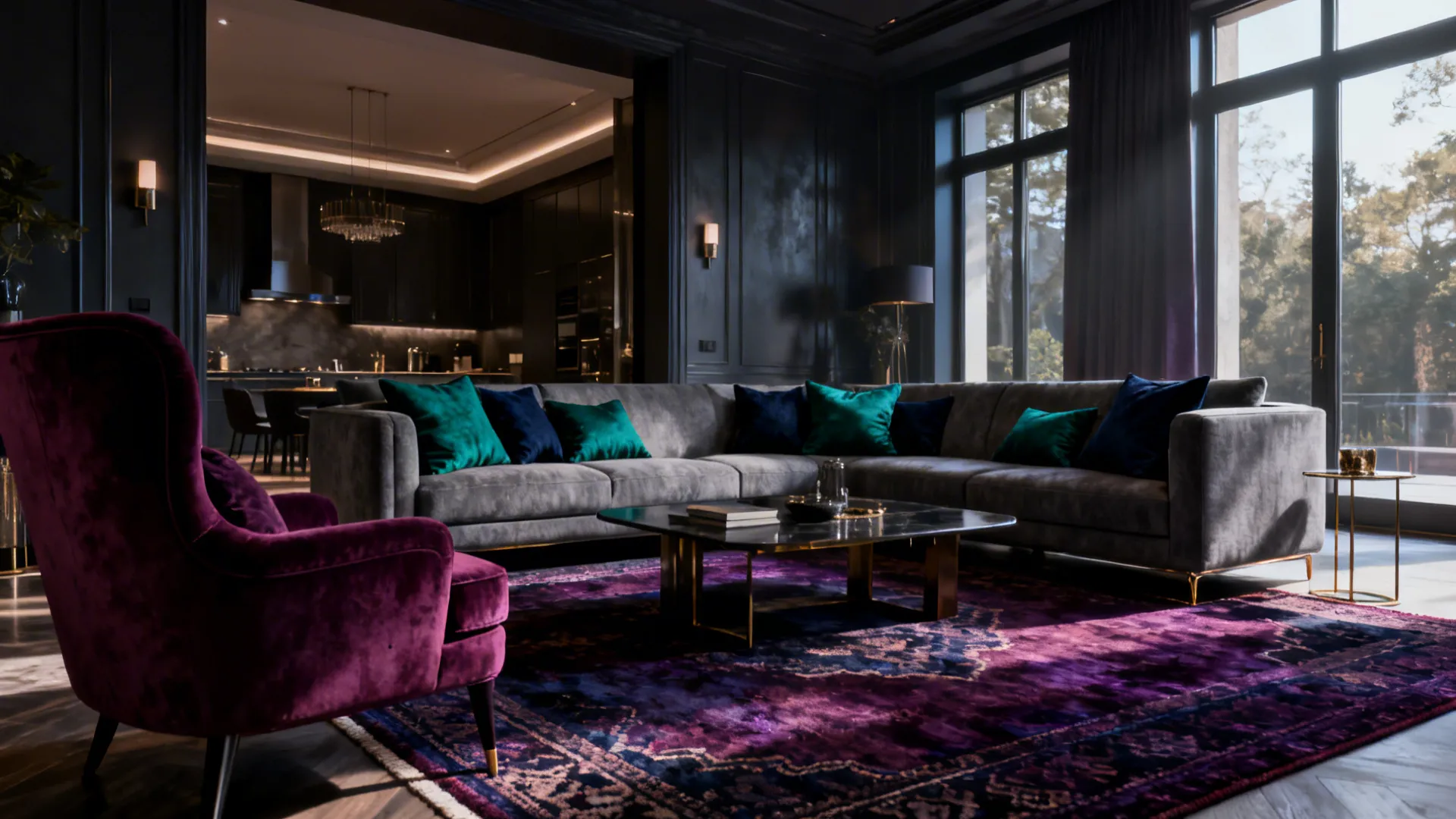 Grey sofa styled with emerald, navy, and plum accents in an open living room