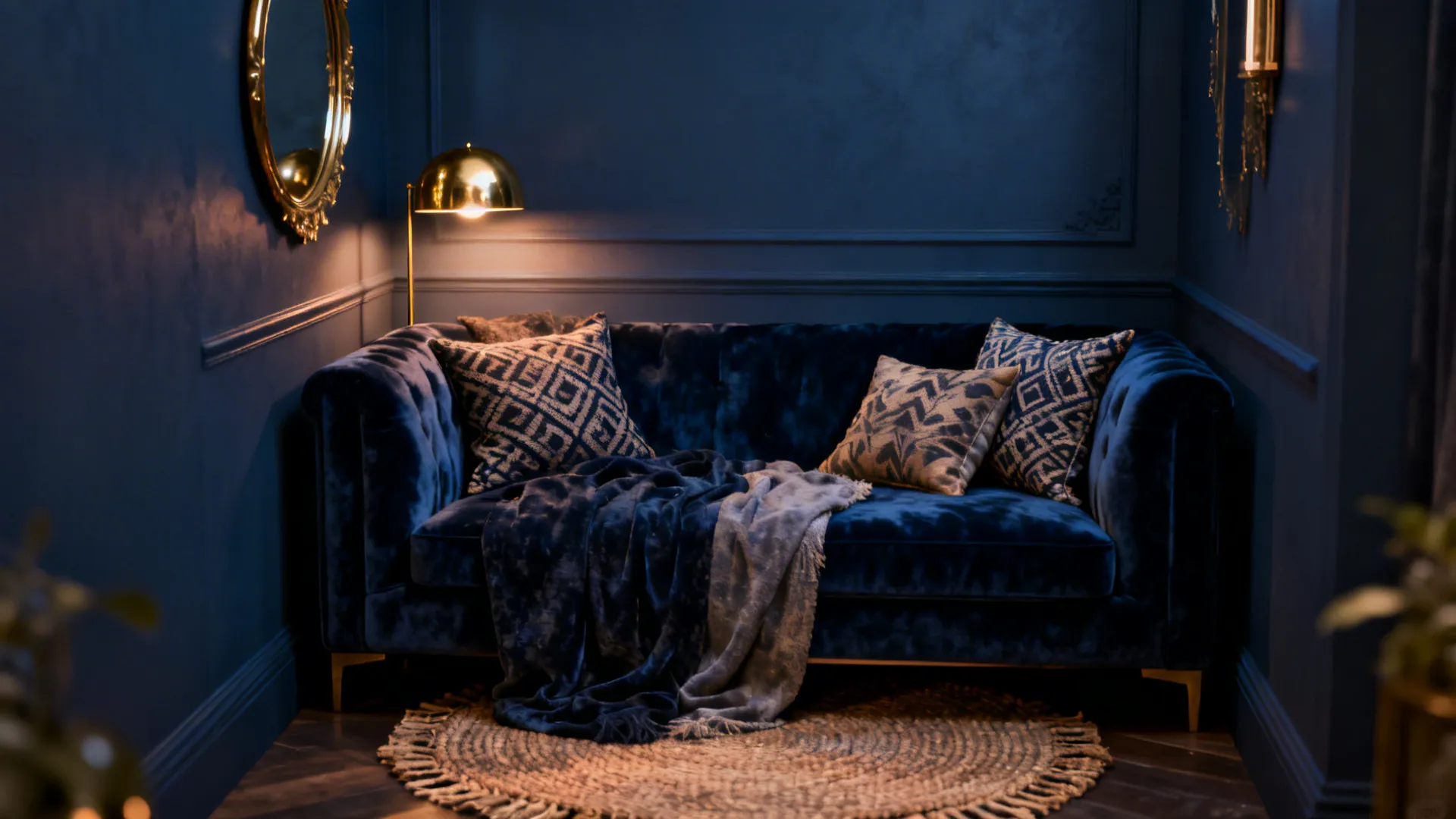 Cozy small living room painted matte indigo with brass accents and velvet seating for a luxe, cocooned feel.