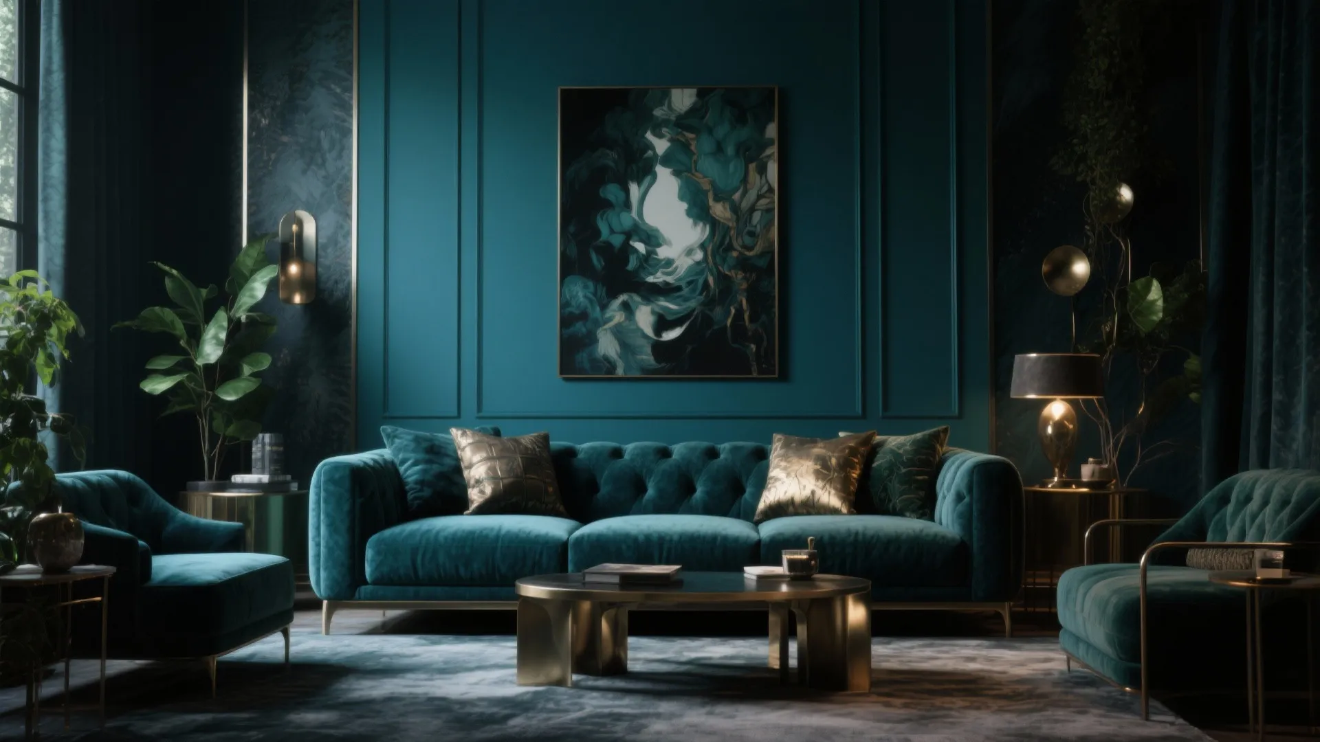 Elegant dark teal living room with velvet sofa wall panel gold coffee table and painting