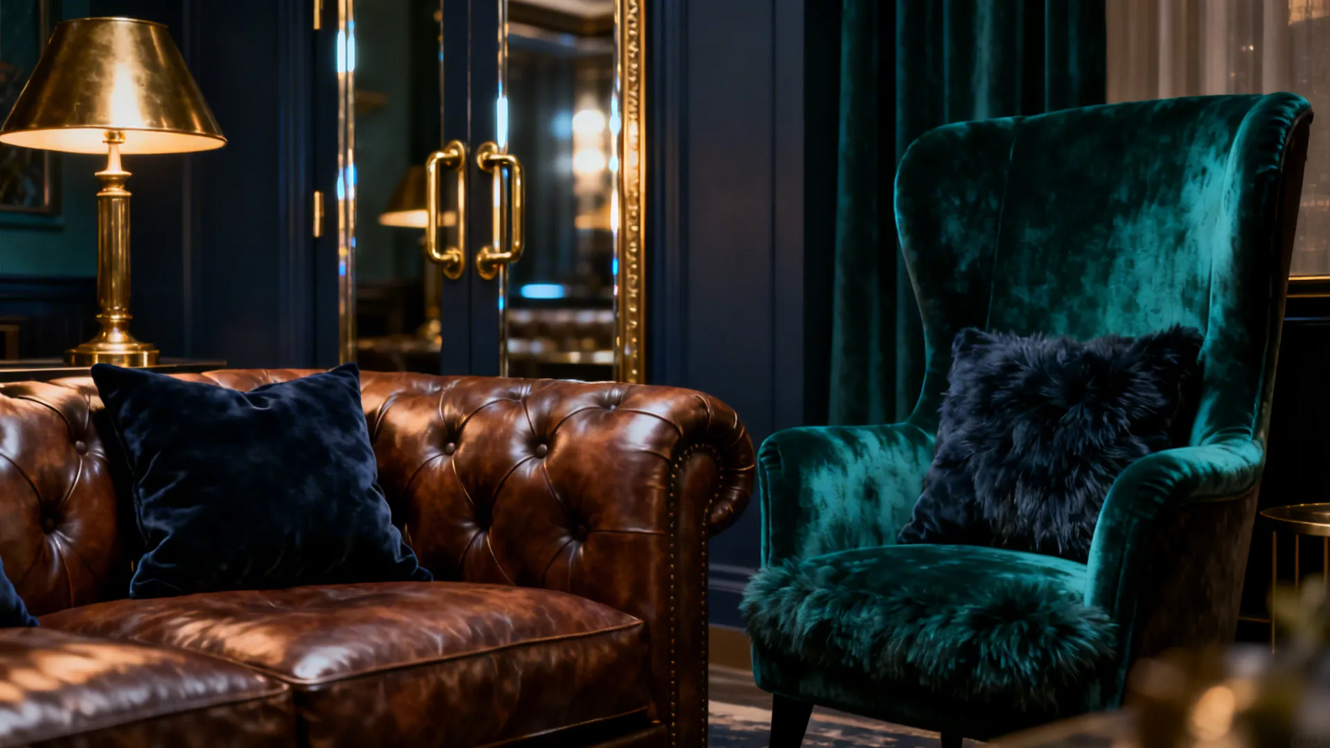 Brown leather sofa styled with emerald and navy velvet accents and warm brass details in a moody living room.