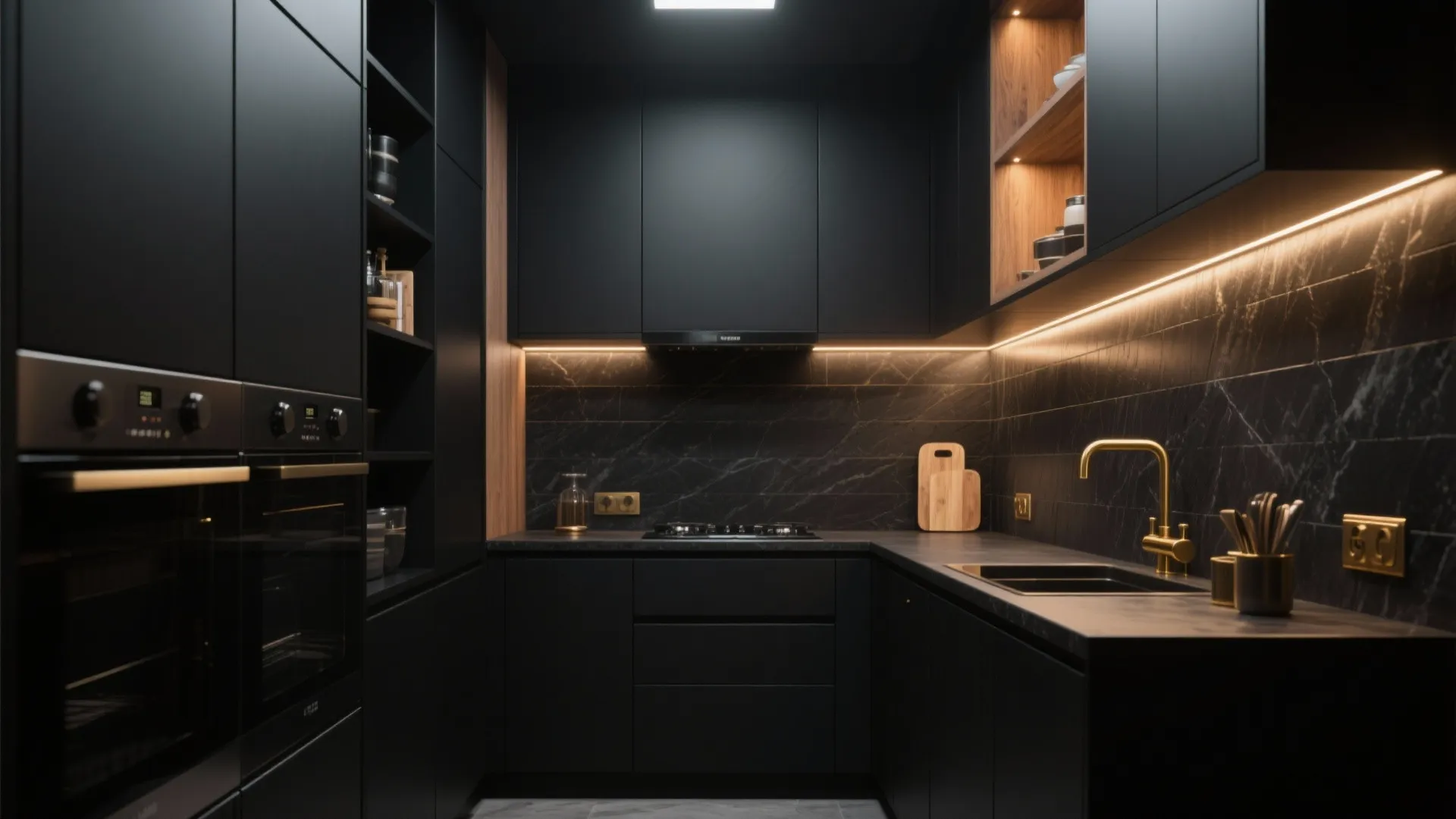 Compact monochrome kitchen with black cabinets, brass hardware, and under-cabinet lighting creating a luxe mood.