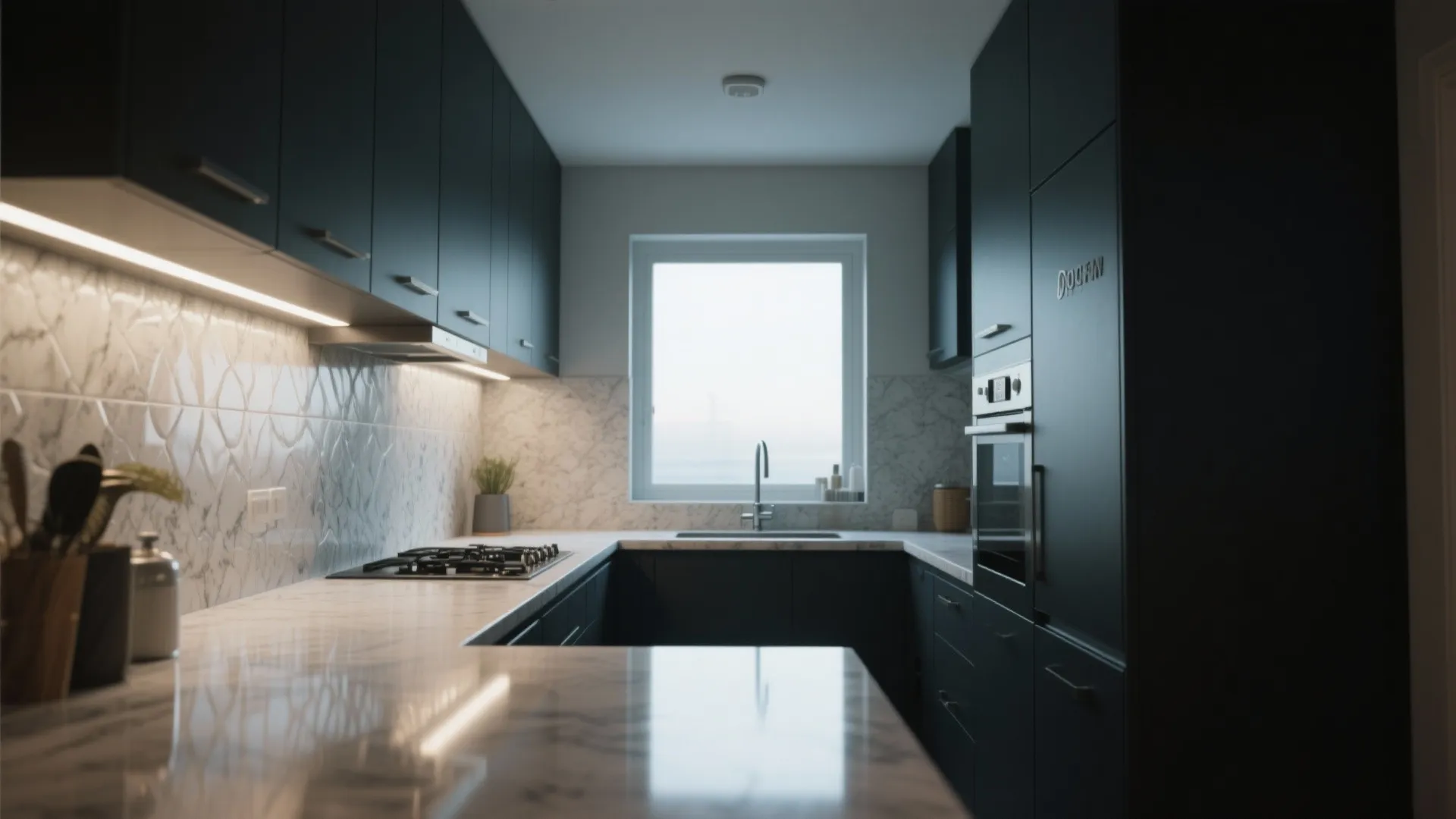 Dark modern kitchen with navy cabinets, marble countertop, stainless steel sink, and large bright window