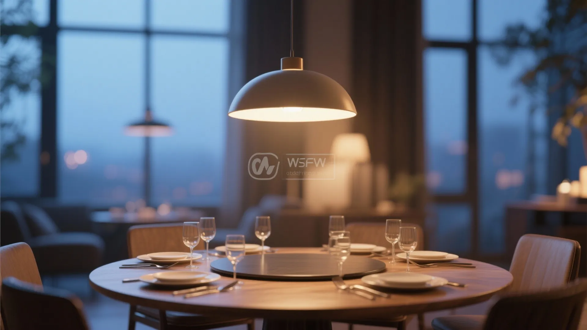 Round dining table with warm pendant lighting above