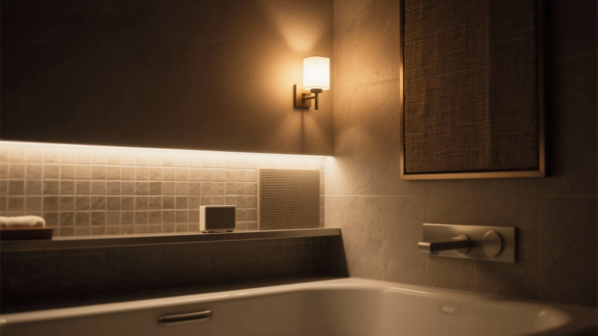 Modern bathroom with warm wall light above bathtub featuring grey tiles and a small speaker