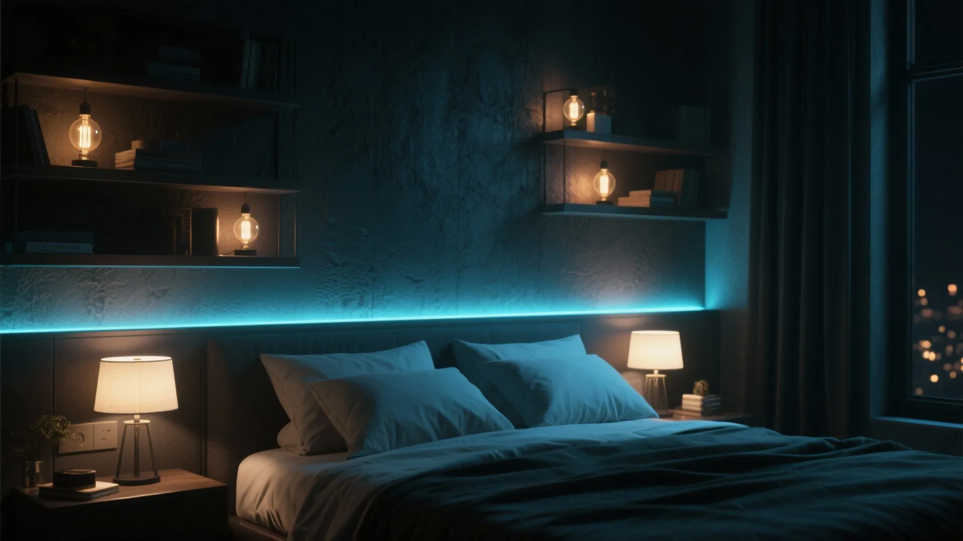 Bedroom with blue light strip above bed and warm table light and small wall light
