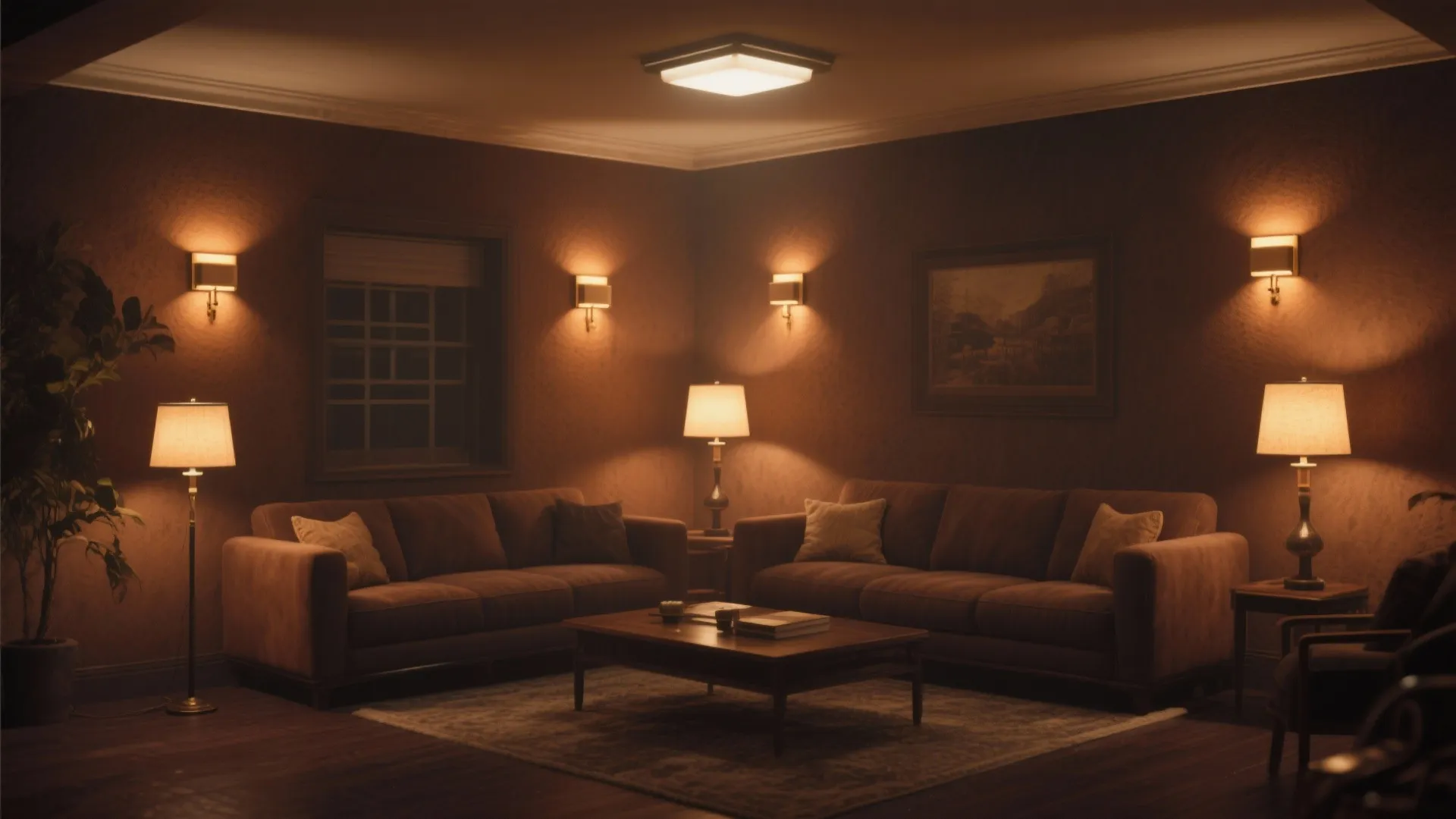 Warm sconces casting a soft glow in a brown living room