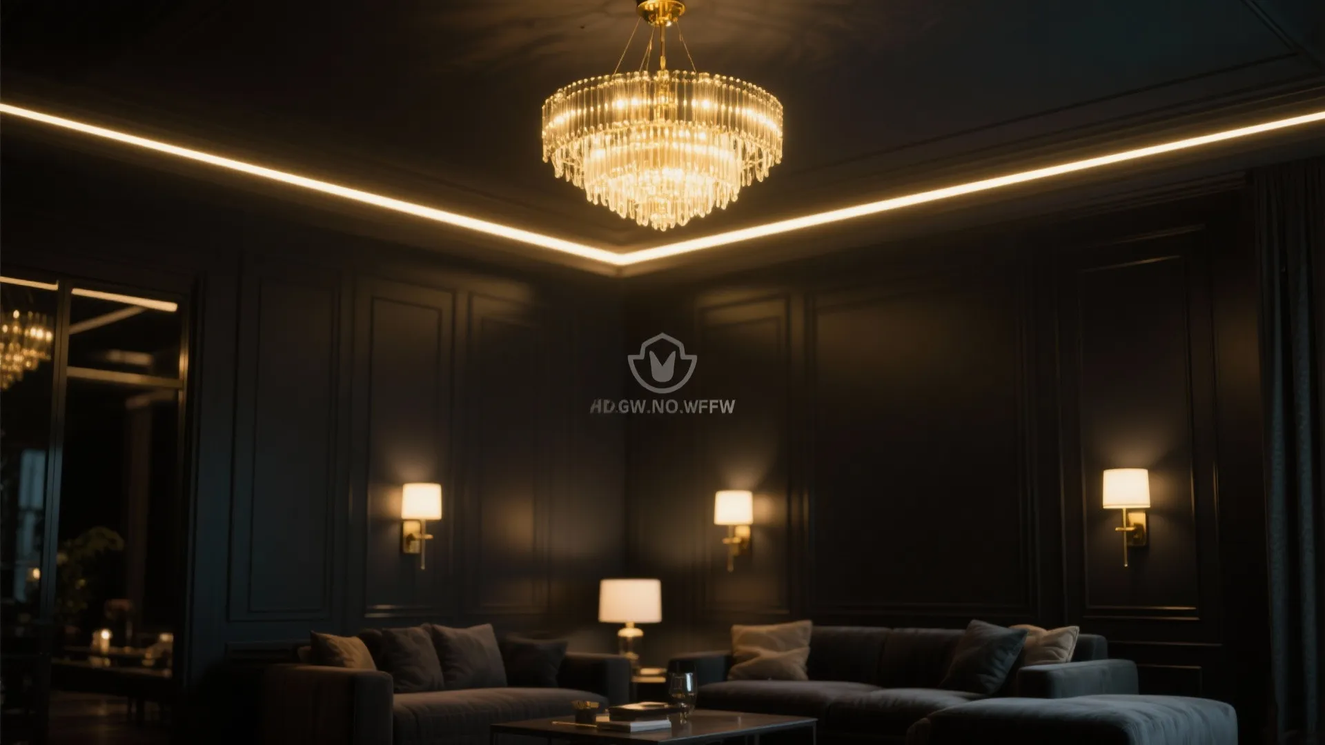 Dark living room with gold ceiling light wall light sofa coffee table and warm lighting