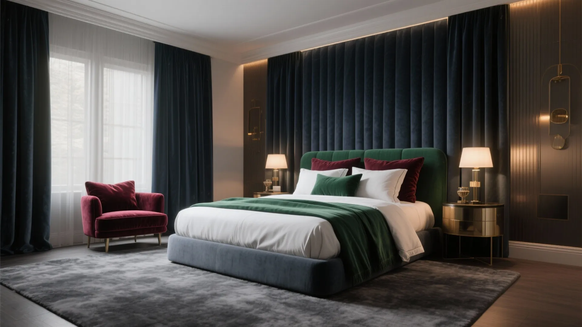 Luxury bedroom with green bed, dark wall panels, red chair, gold side tables and light